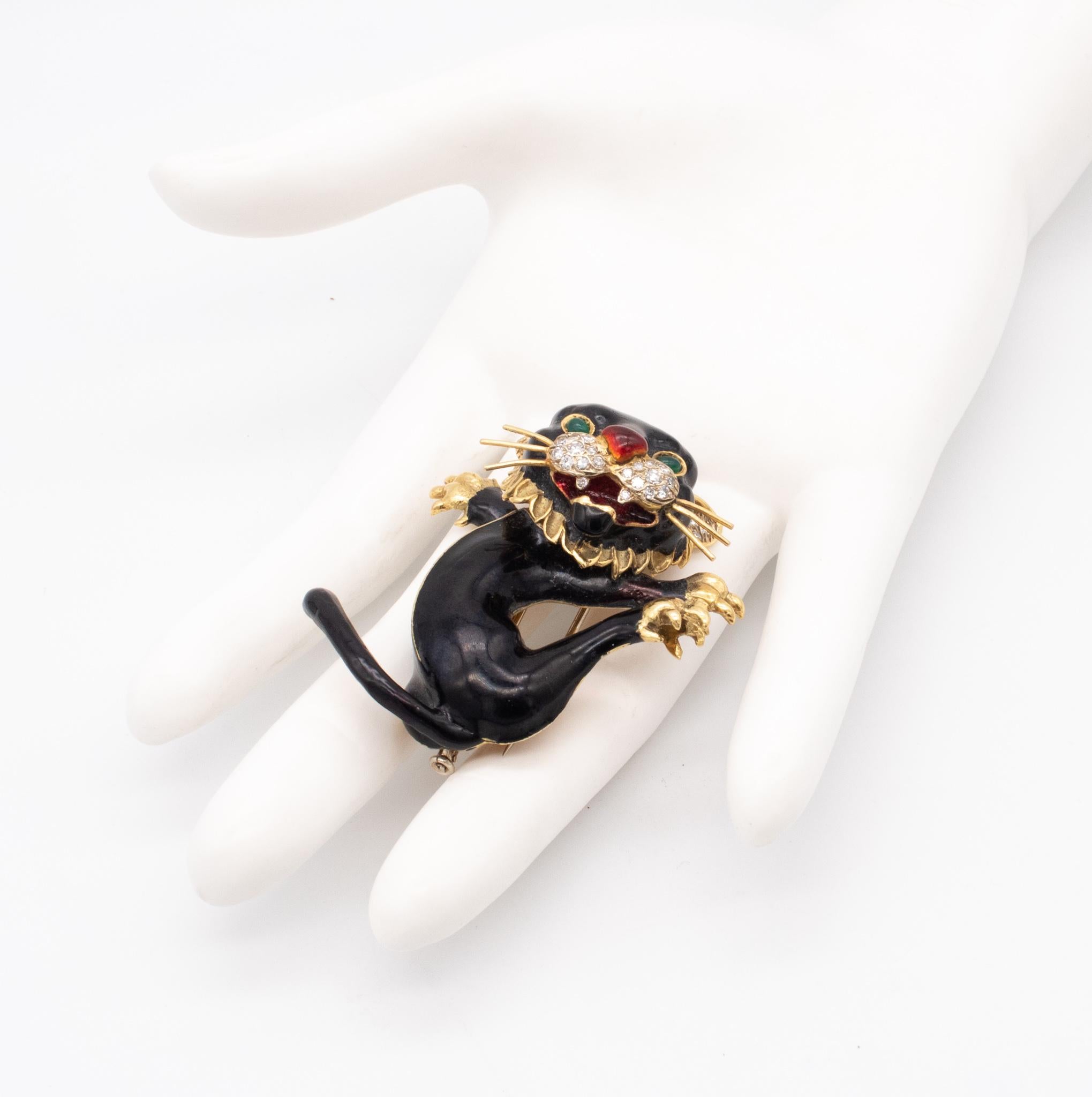 Gorgeous brooch designed by Frascarolo (1928-1976).

A fantastic highly sculptured brooch, created by the famed Italian jeweler and designer, Pierino Frascarolo,. This brooch depict the whimsical roaring panther, jumping forward, with his mouth open