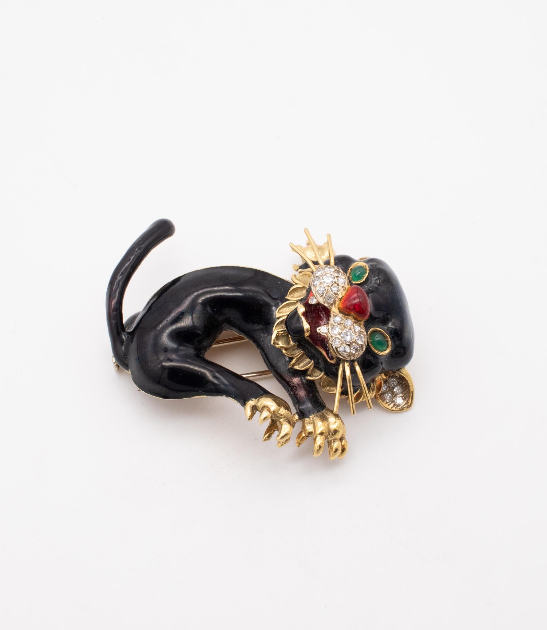 Retro Frascarolo 1960 Italy 18Kt Gold Black Panther Brooch Enamel 1.35 Ctw Diamonds For Sale