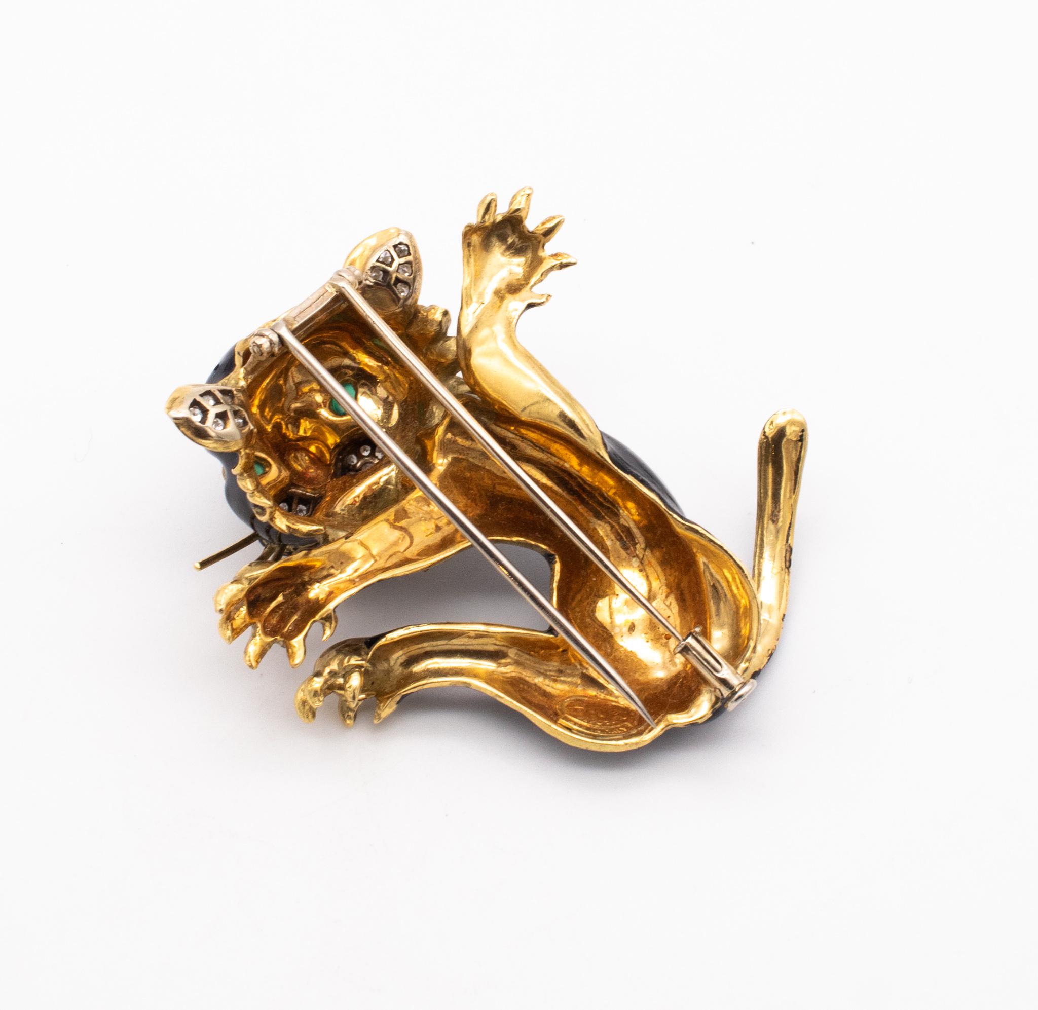 Retro Frascarolo 1960 Italy 18Kt Gold Black Panther Brooch Enamel 1.35 Ctw Diamonds