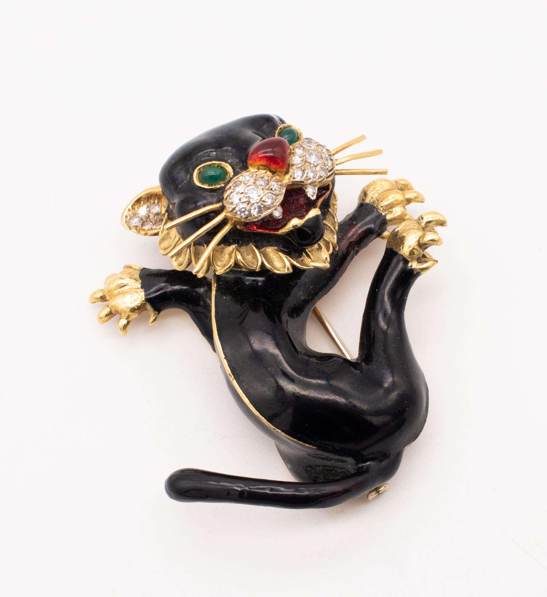Frascarolo 1960 Italy 18Kt Gold Black Panther Brooch Enamel 1.35 Ctw Diamonds In Excellent Condition For Sale In Miami, FL
