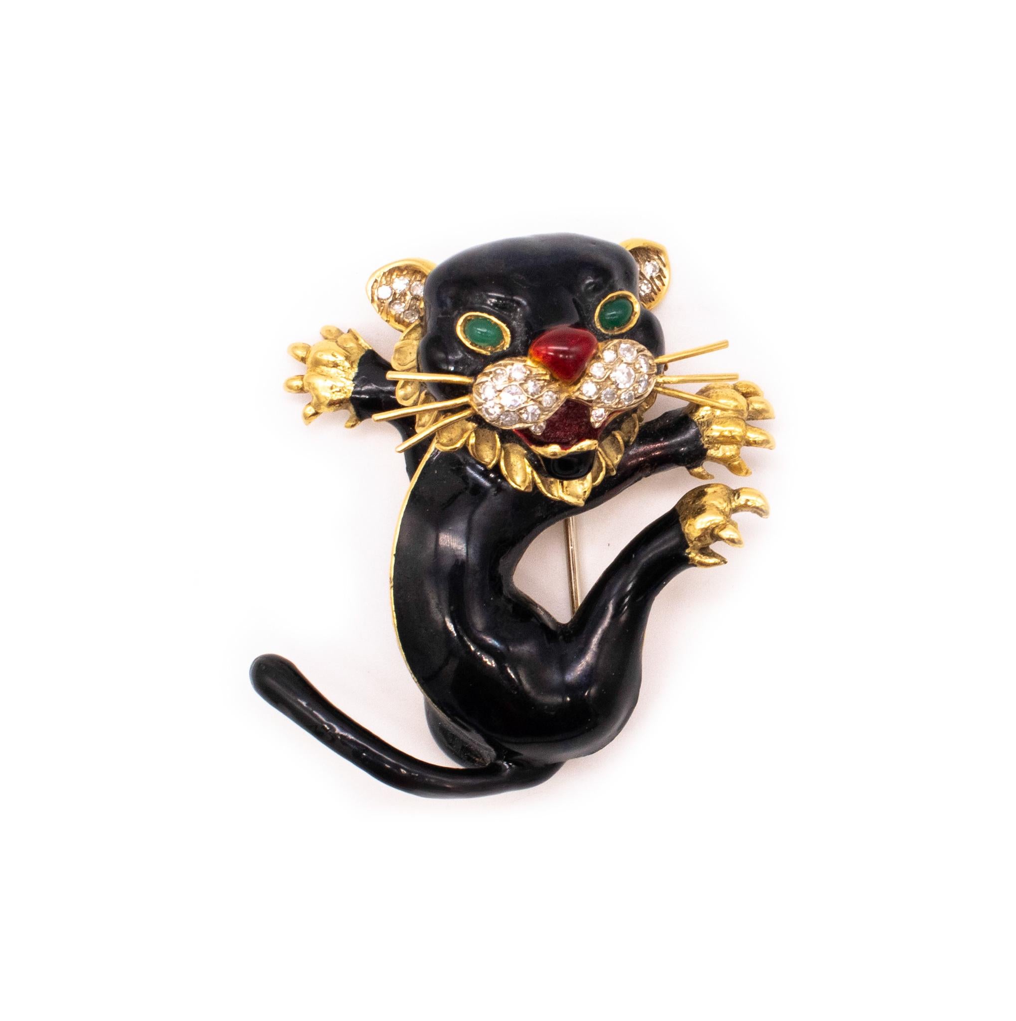 Women's or Men's Frascarolo 1960 Italy 18Kt Gold Black Panther Brooch Enamel 1.35 Ctw Diamonds