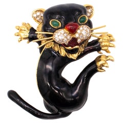 Vintage Frascarolo 1960 Italy 18Kt Gold Black Panther Brooch Enamel 1.35 Ctw Diamonds