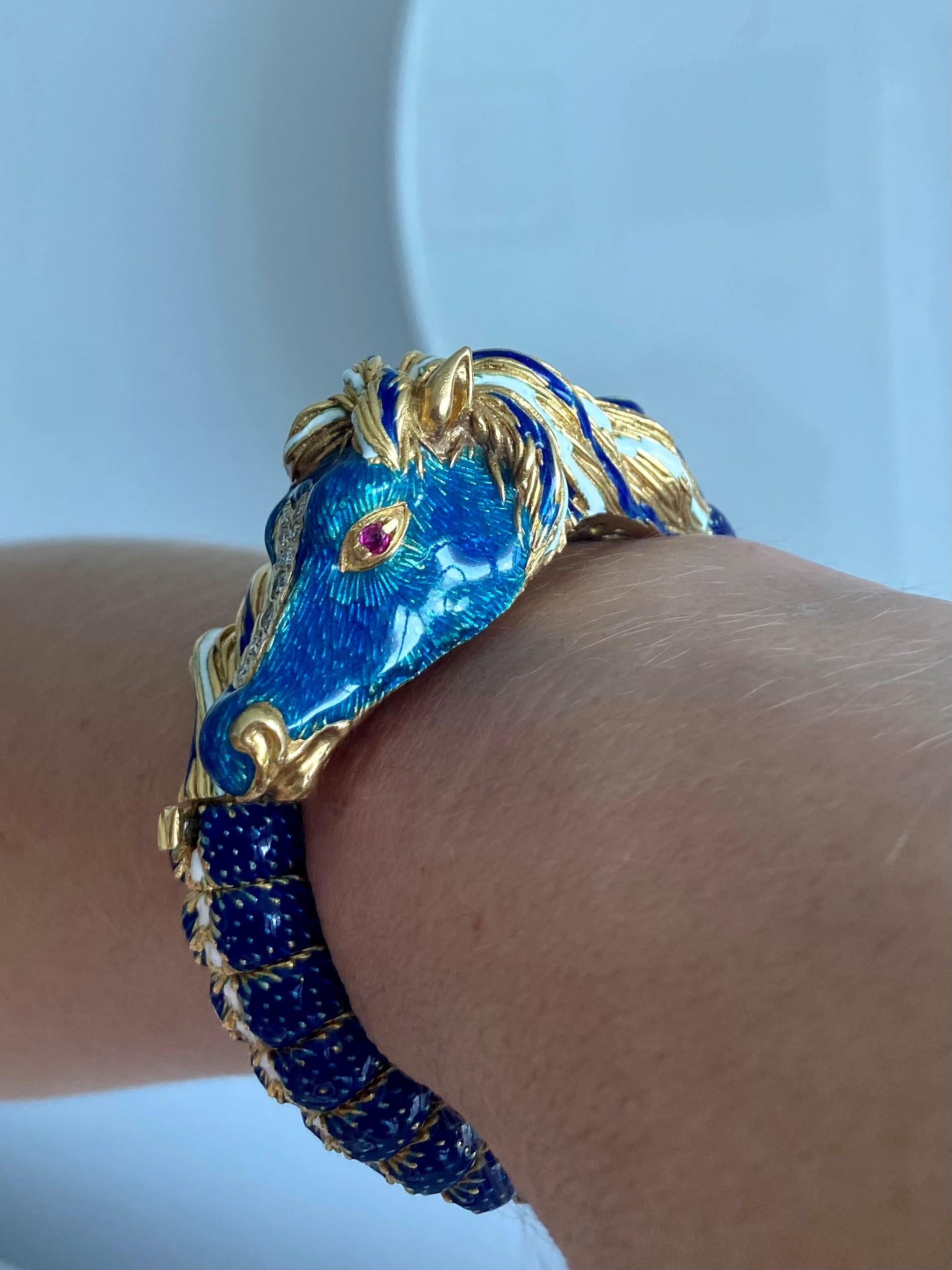 Frascarolo 1960 Italy Horse Bracelet 18Kt Gold Enamel 1.22 Cts Diamonds & Ruby 2