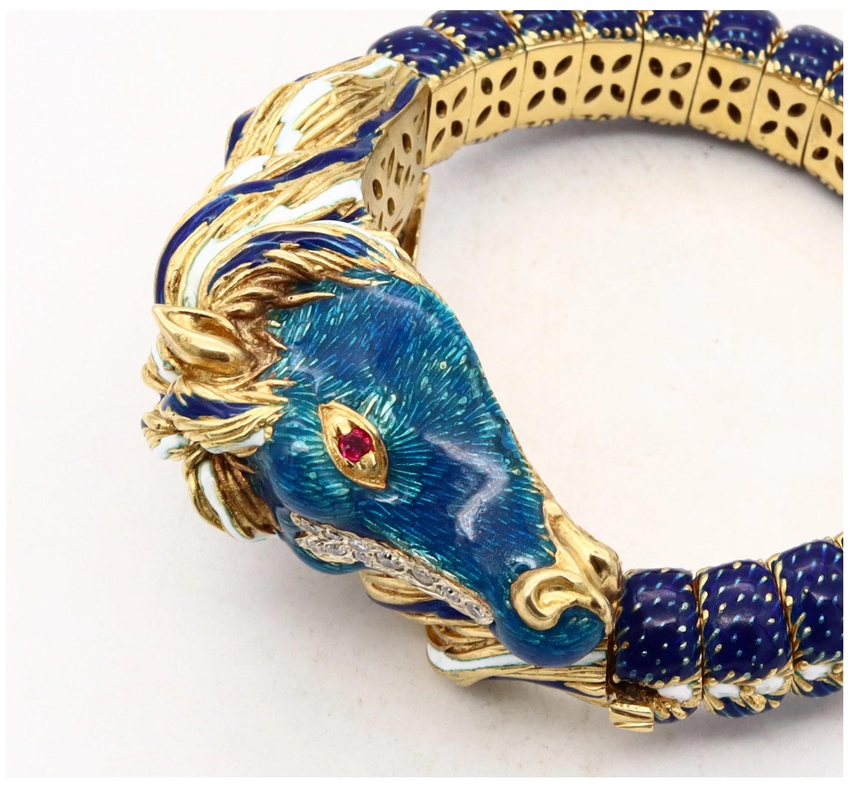 Incredible jeweled bracelet designed by Pierino Frascarolo (1928-1976).

A fantastic highly sculptured bracelet cuff from the bestiary collection, created by the famed Italian jeweler and designer, Pierino Frascarolo. This impressive and intricate