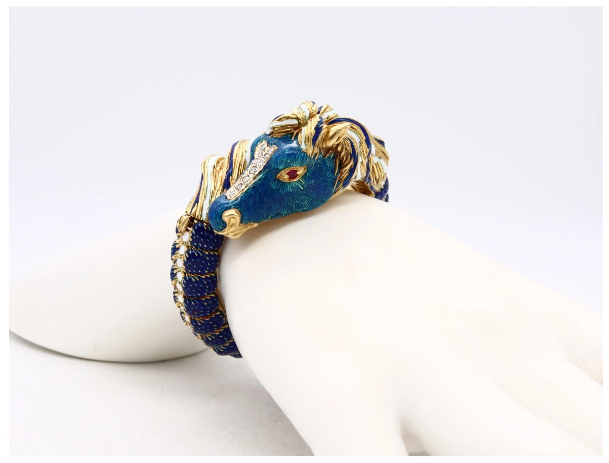 Frascarolo 1960 Italy Horse Bracelet 18Kt Gold Enamel 1.22 Cts Diamonds & Ruby In Excellent Condition In Miami, FL