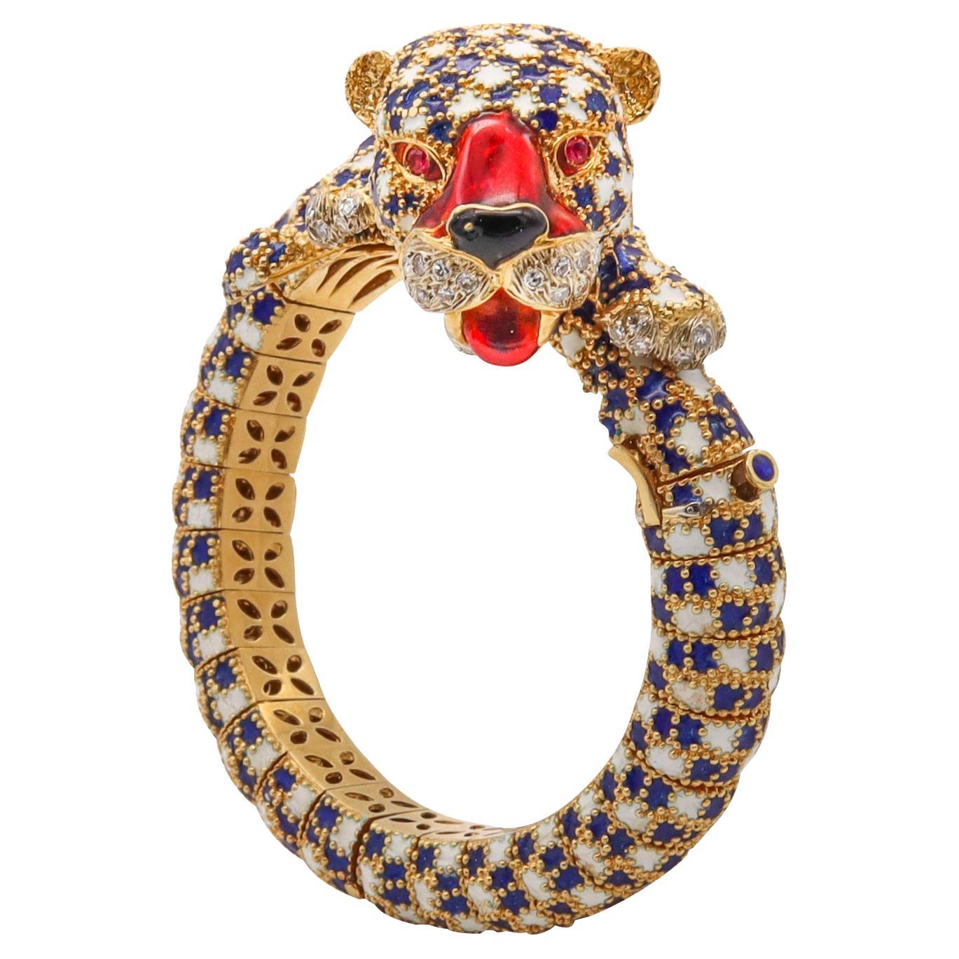 Frascarolo 1960 Italy Tiger Bracelet in 18Kt Yellow Gold Enamel Diamonds Rubies