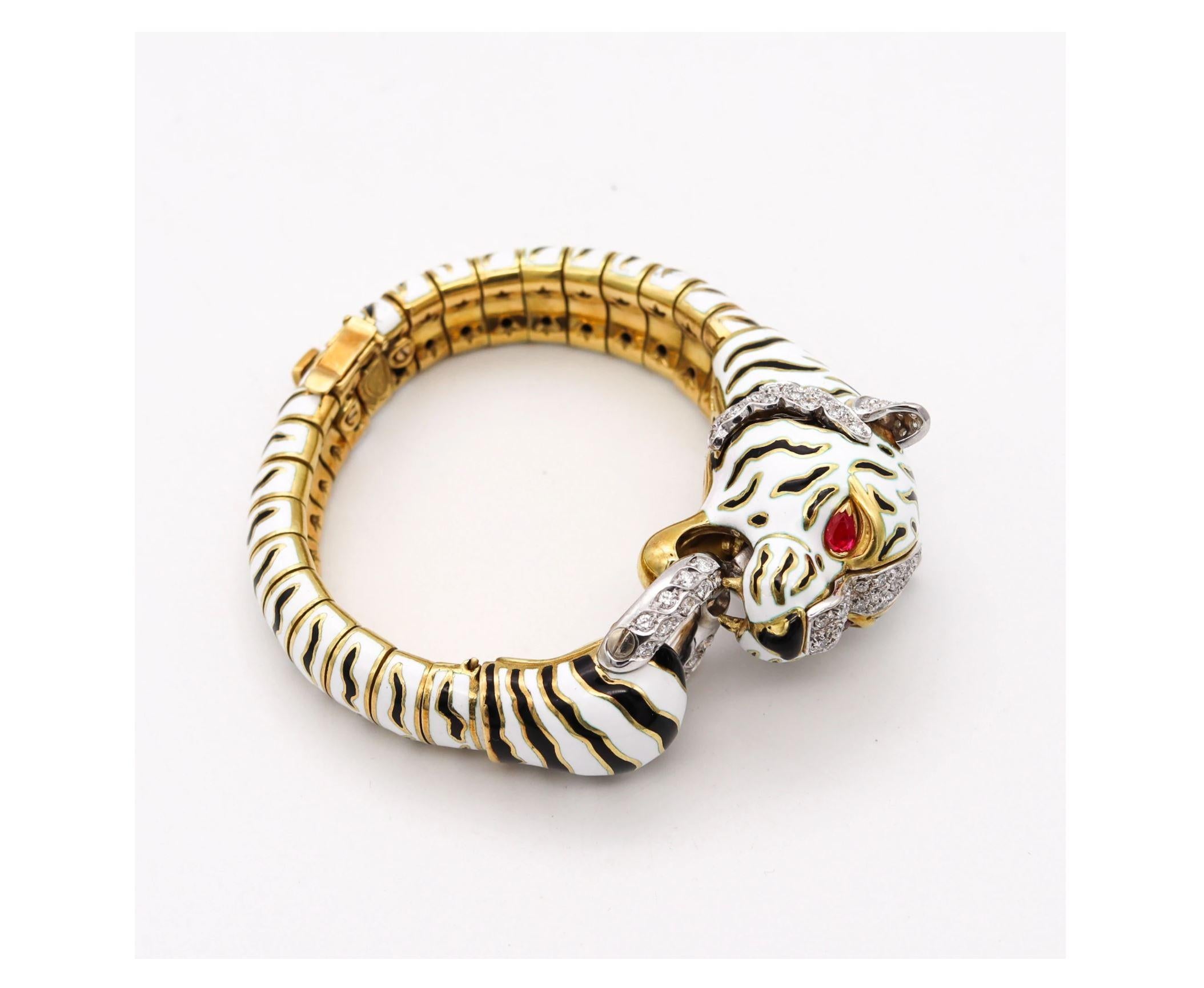 Magnificent jeweled bracelet designed by Pierino Frascarolo (1928-1976).

A fantastic highly sculptured bracelet cuff from the bestiary collection of the famed Italian jeweler and designer, Pierino Frascarolo. This impressive and intricate flexible
