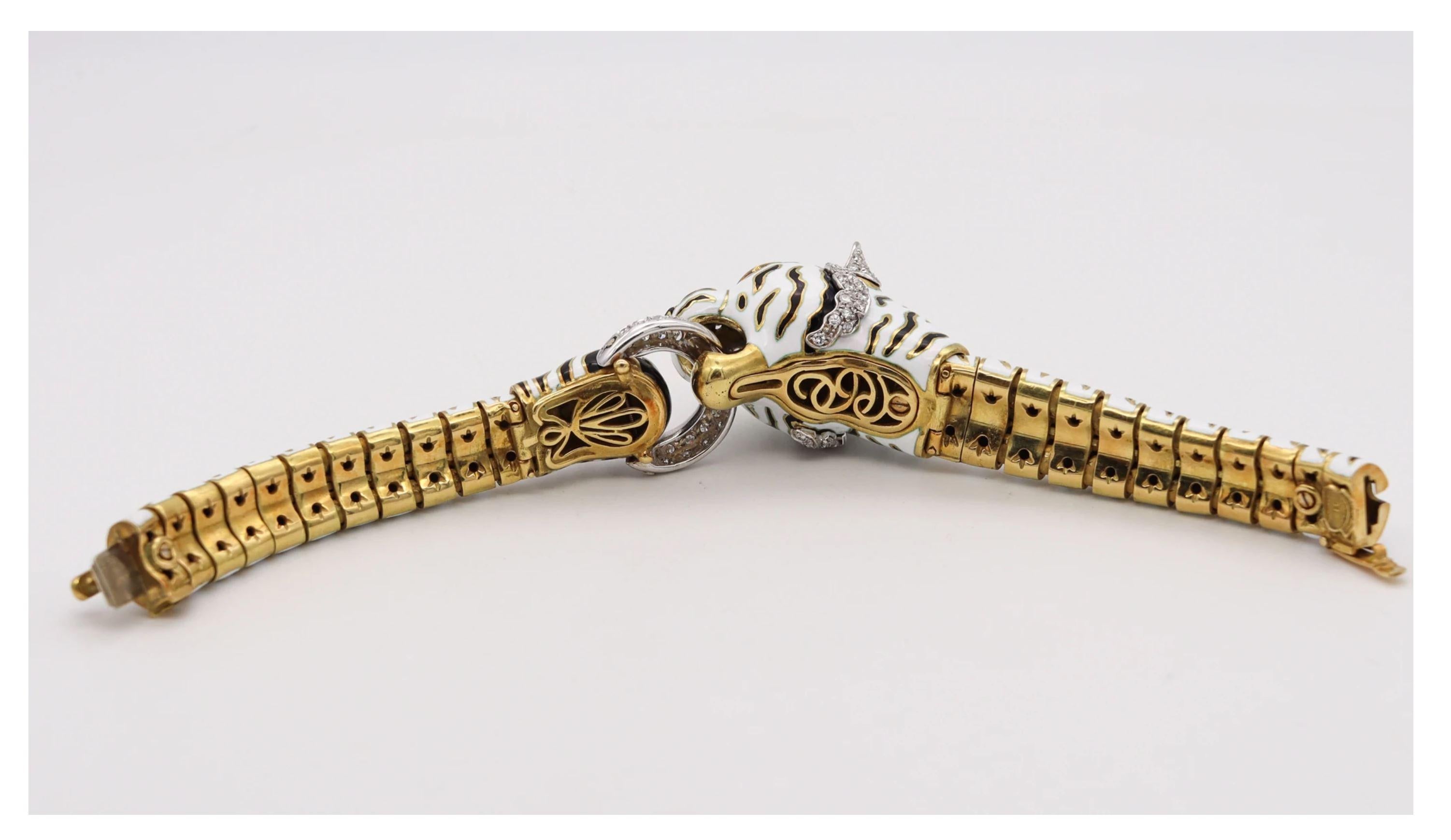 Women's Frascarolo 1960 Milano Enameled Tiger Bracelet 18Kt Yellow Gold Diamonds Rubies