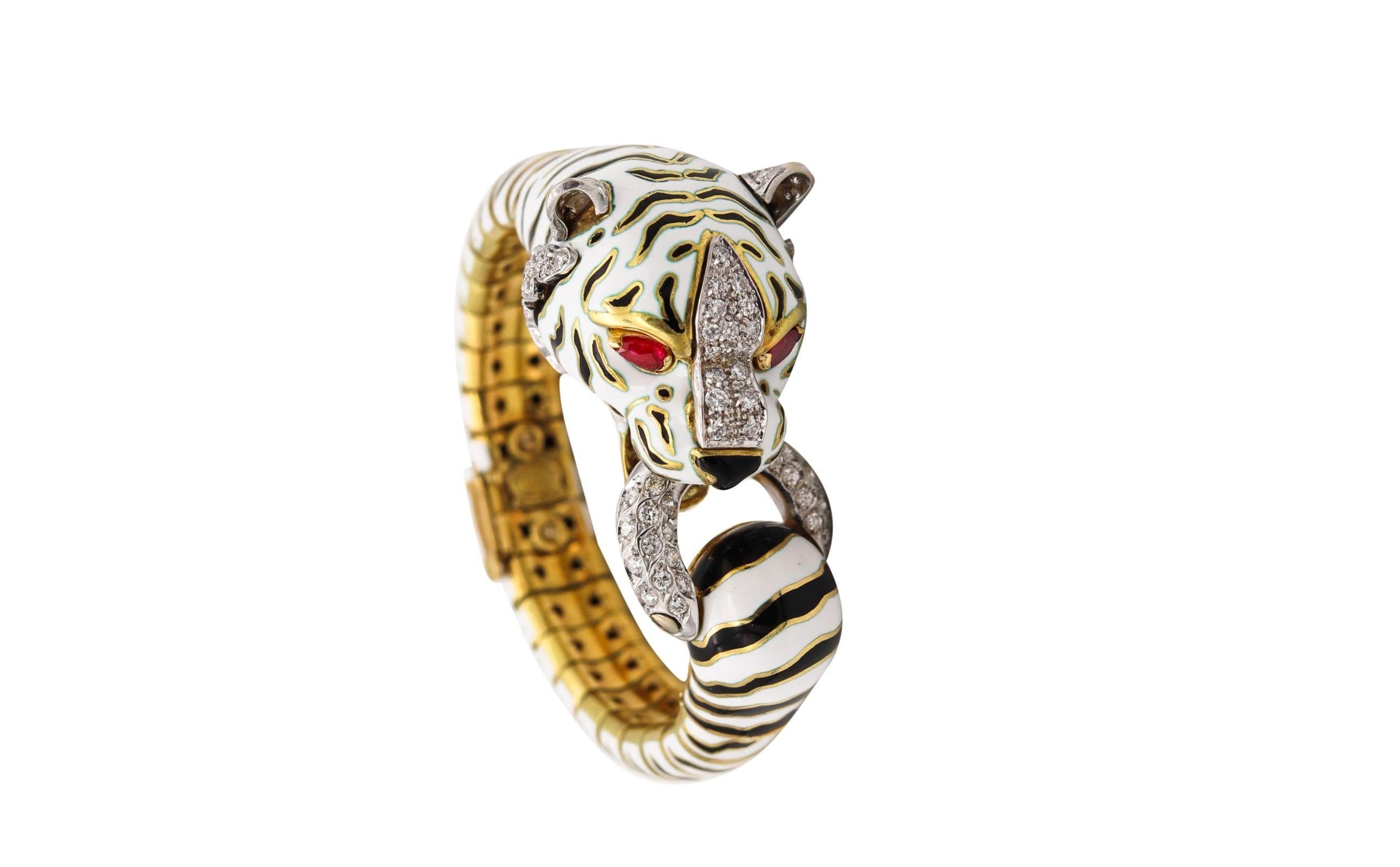 Frascarolo 1960 Milano Enameled Tiger Bracelet 18Kt Yellow Gold Diamonds Rubies 3