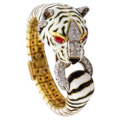 Retro Frascarolo 1960 Milano Enameled Tiger Bracelet 18Kt Yellow Gold Diamonds Rubies