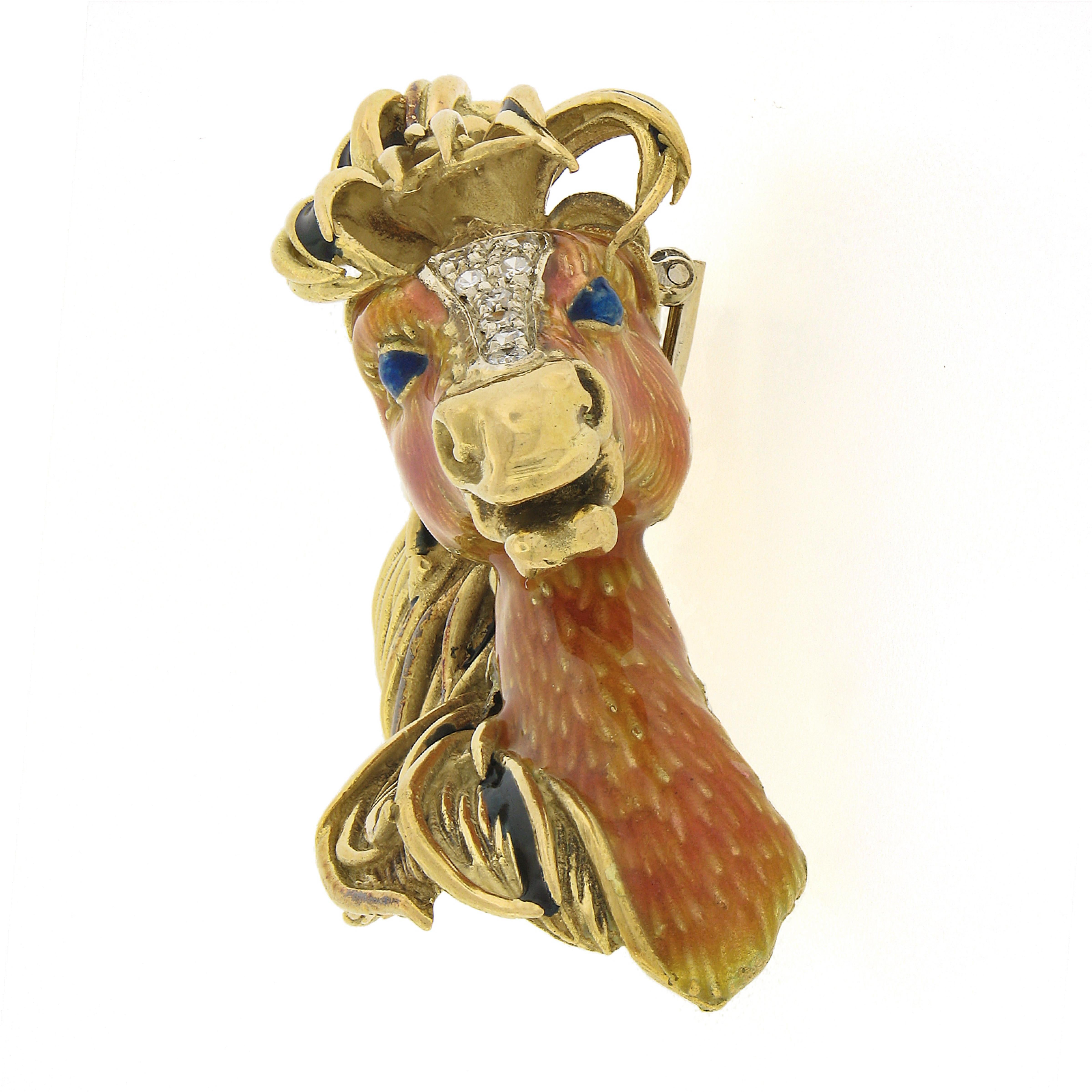 Single Cut Frascarolo & Co. 18k Gold Detailed Enamel 3D Horse Head Pin Brooch w/ Diamonds For Sale