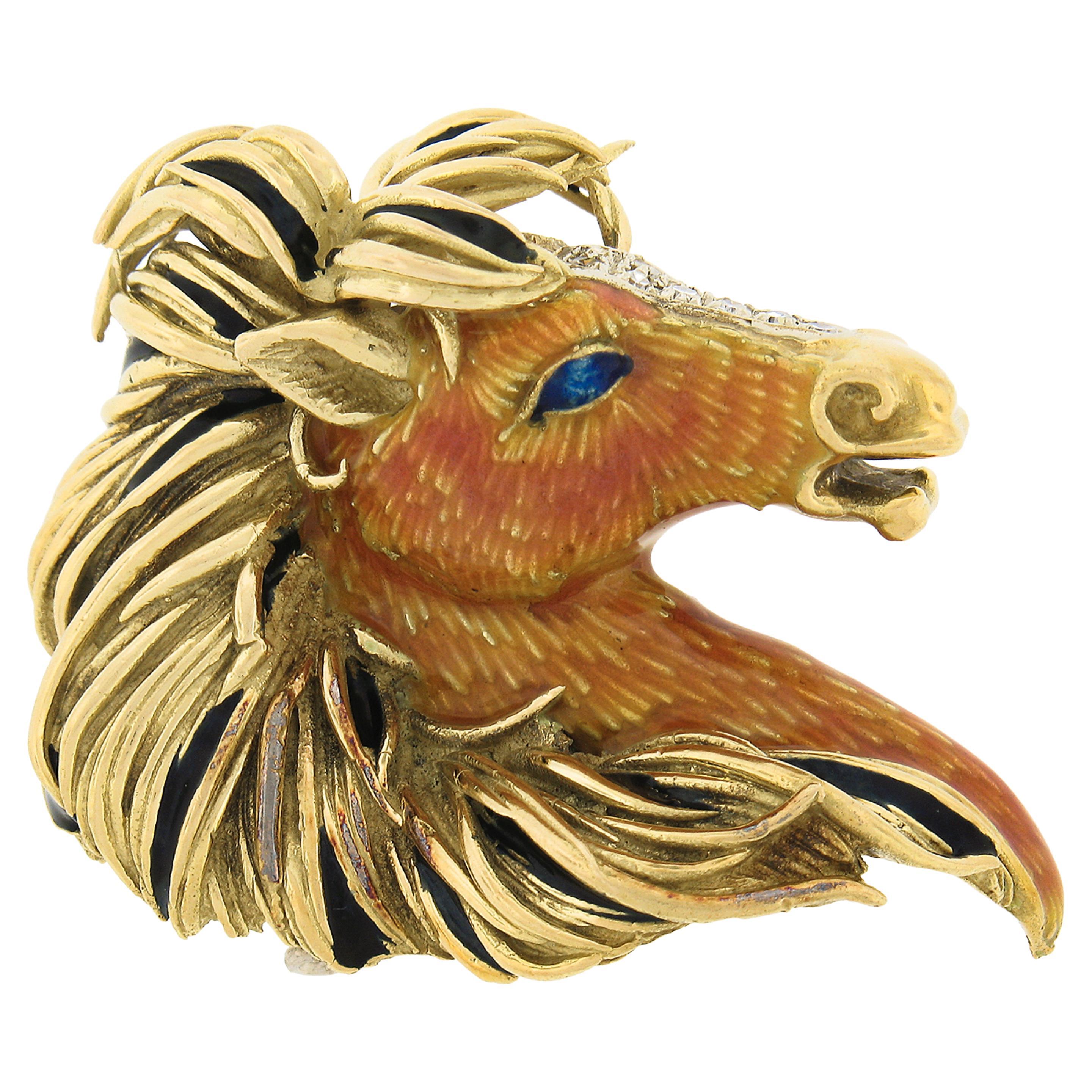 Frascarolo & Co. 18k Gold Detailed Enamel 3D Horse Head Pin Brooch w/ Diamonds For Sale