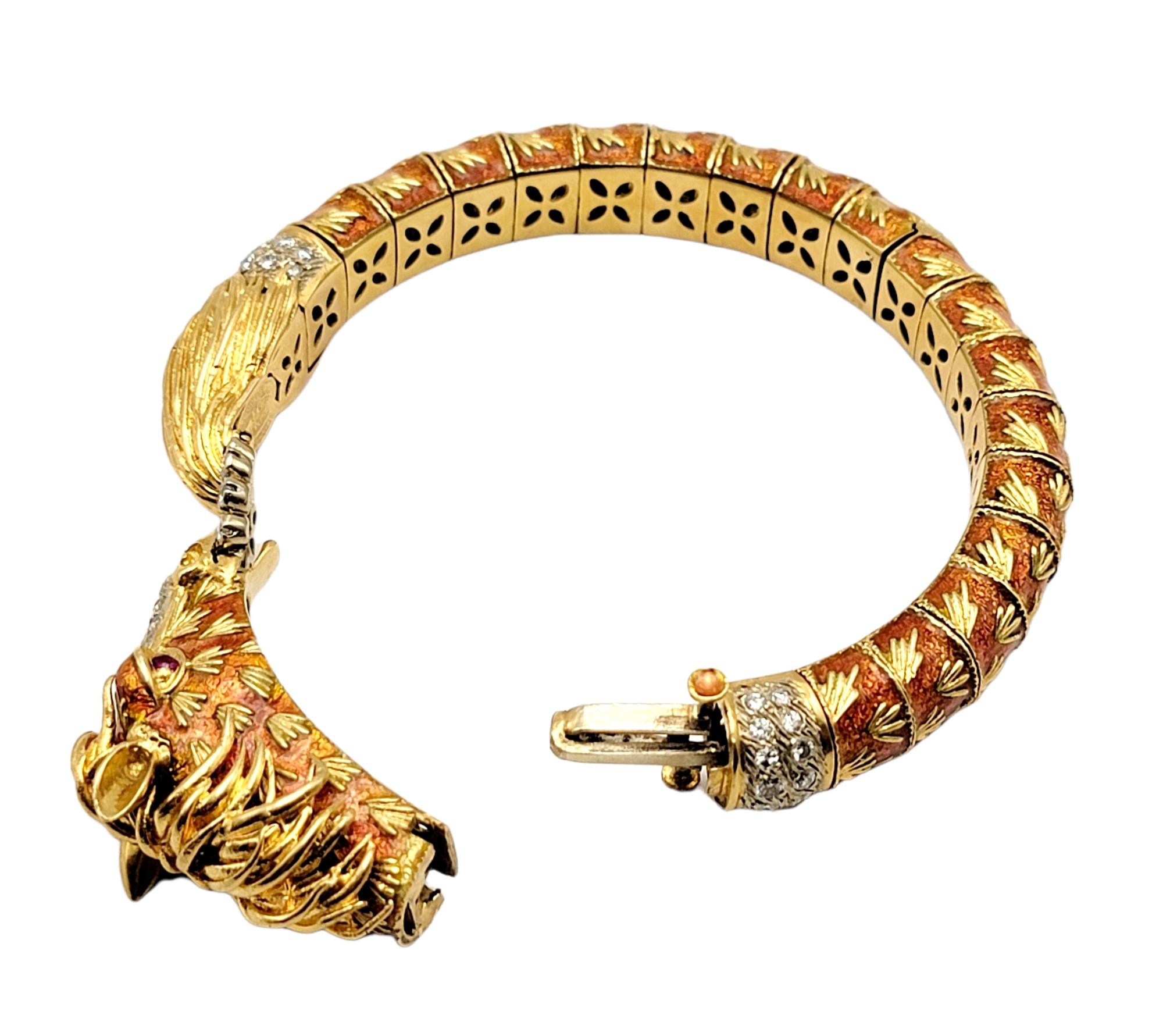 Women's Frascarolo Diamond and Ruby Orange Enamel Horse Bangle Bracelet 18 Karat Gold
