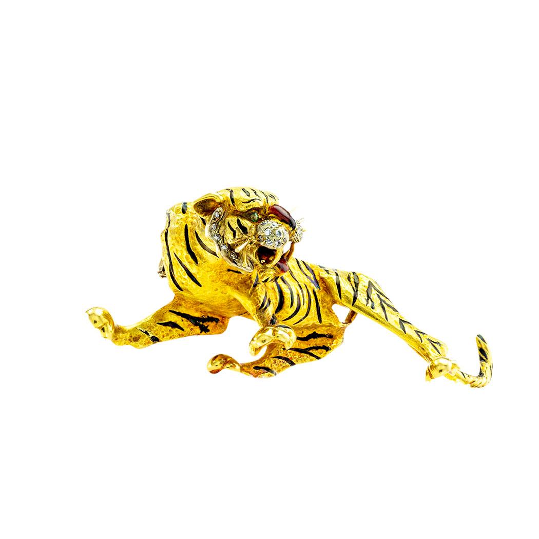 Modern Frascarolo Diamond Emerald Enamel Gold Tiger Clip Brooch