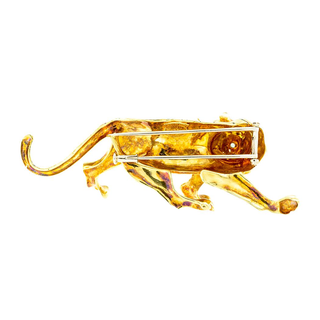 Frascarolo Diamond Emerald Enamel Gold Tiger Clip Brooch In Good Condition In Los Angeles, CA