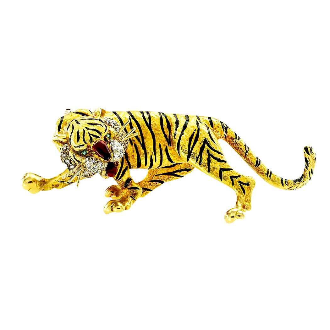 Frascarolo Diamond Emerald Enamel Gold Tiger Clip Brooch 2