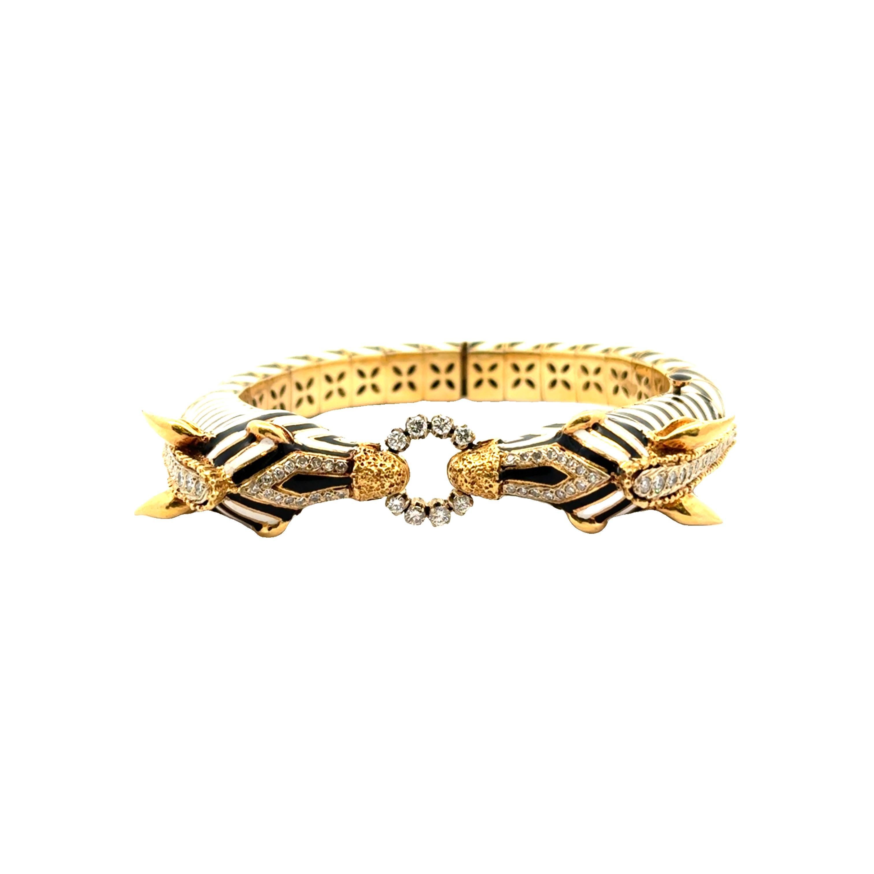 Frascarolo Diamond Enamel 18k Yellow Gold Twin Zebra Bracelet For Sale 2