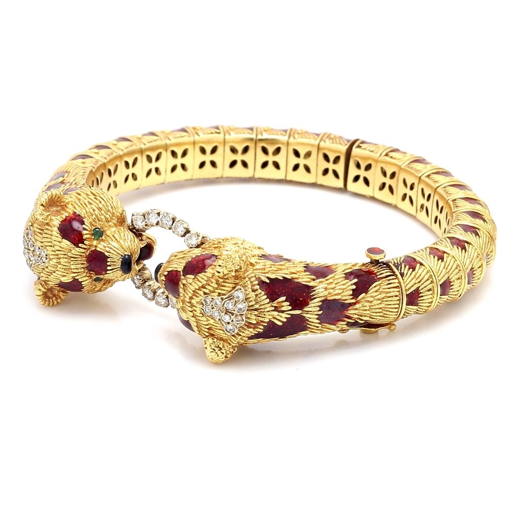 Frascarolo, 18K yellow gold and red enamel, double bear head bracelet. Bracelet is set with thirty (30) round brilliant cut diamonds weighing approximately 0.75ctw. Hinge, clasp, and safety latch are in working condition. Bracelet weighs 103.4 grams