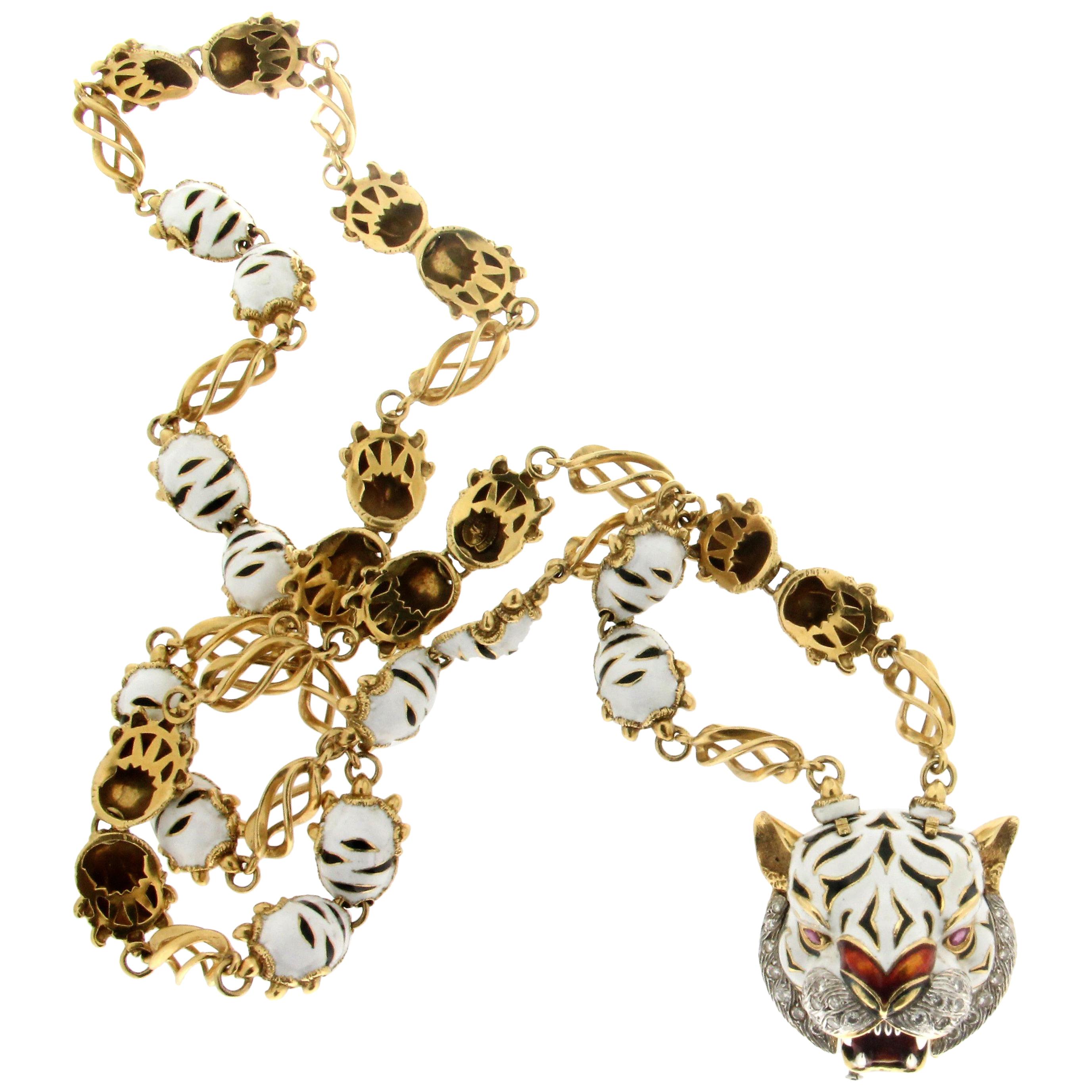 Frascarolo Enamel 18 karat Yellow Gold Diamonds Tiger Pendant Necklace