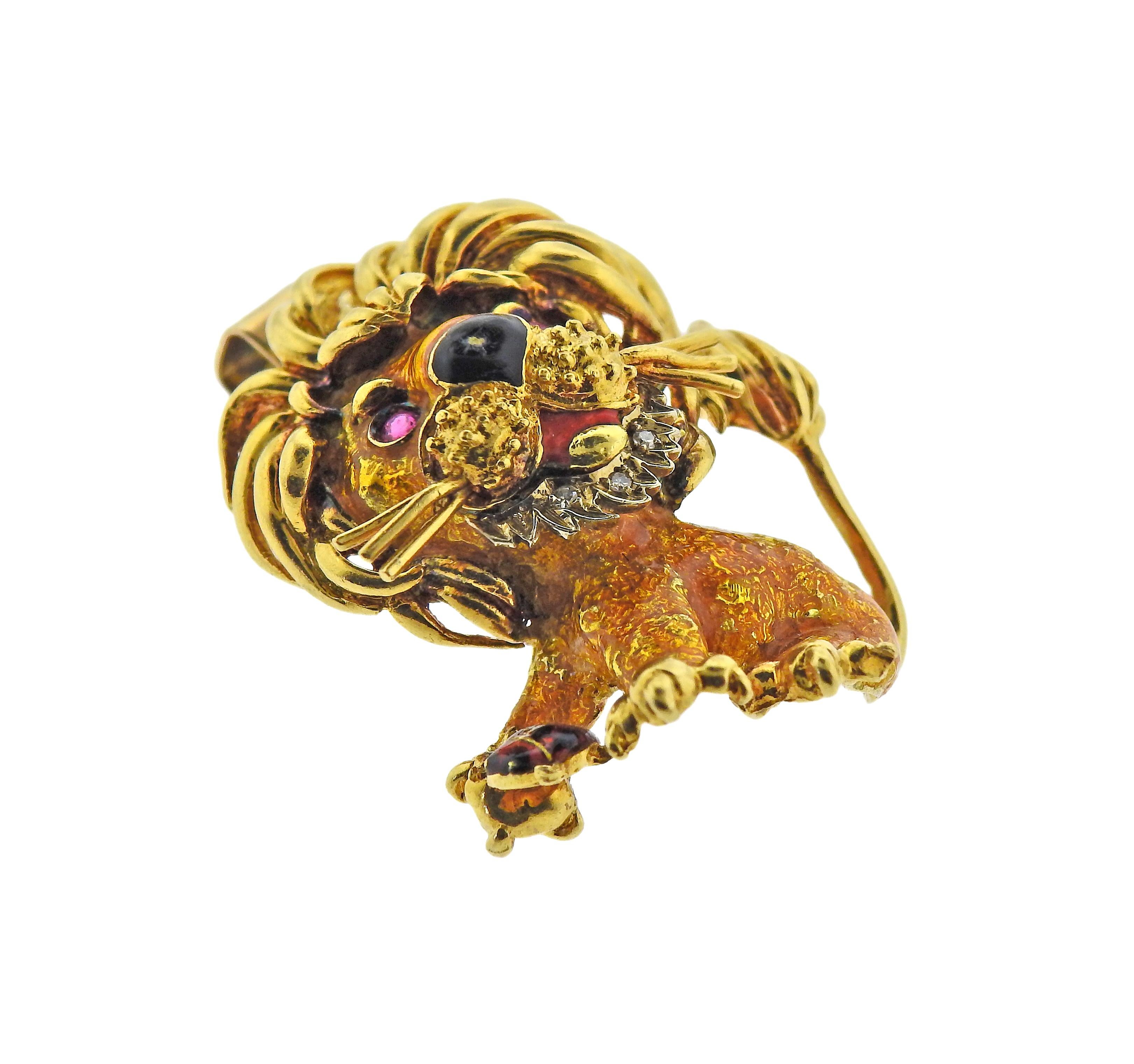 Round Cut Frascarolo Enamel Diamond Ruby Gold Lion Pendant For Sale