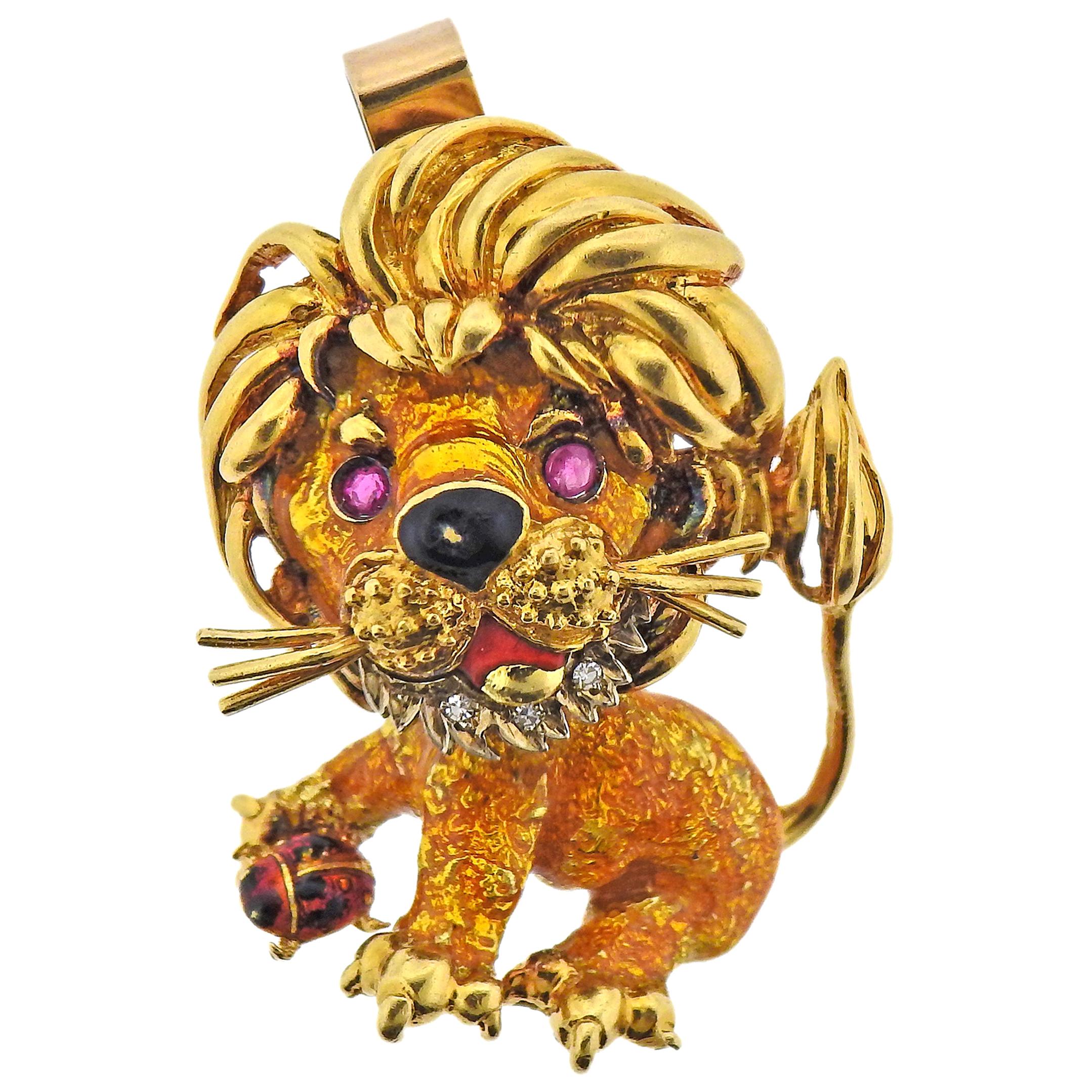 Frascarolo Enamel Diamond Ruby Gold Lion Pendant For Sale