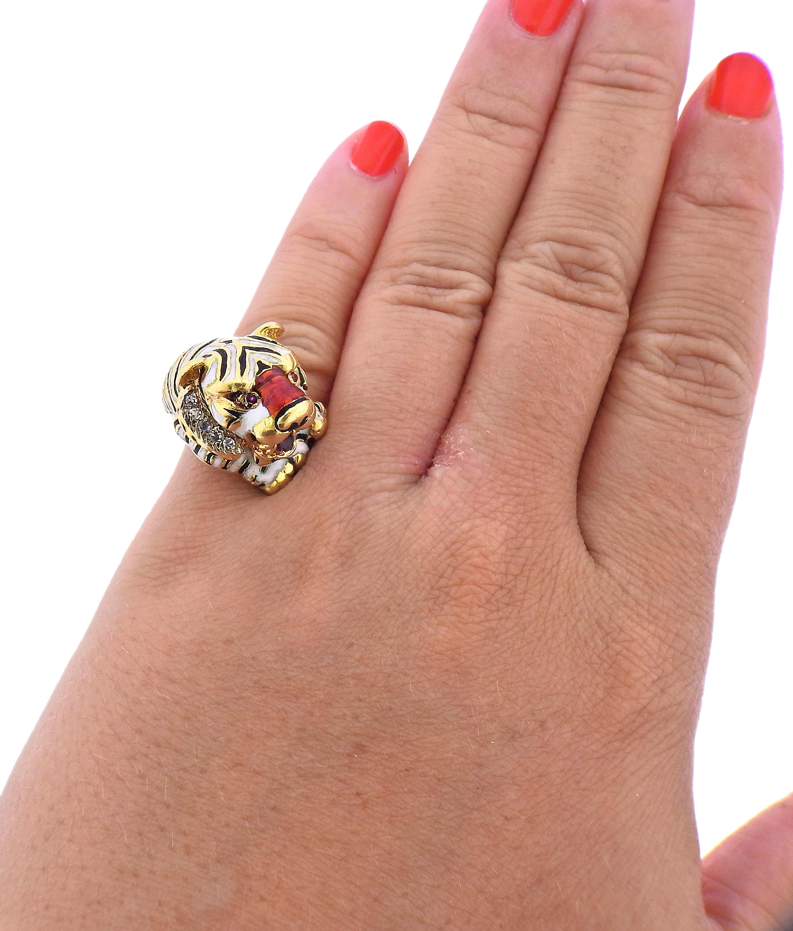 Round Cut Frascarolo Enamel Diamond Ruby Gold Tiger Ring