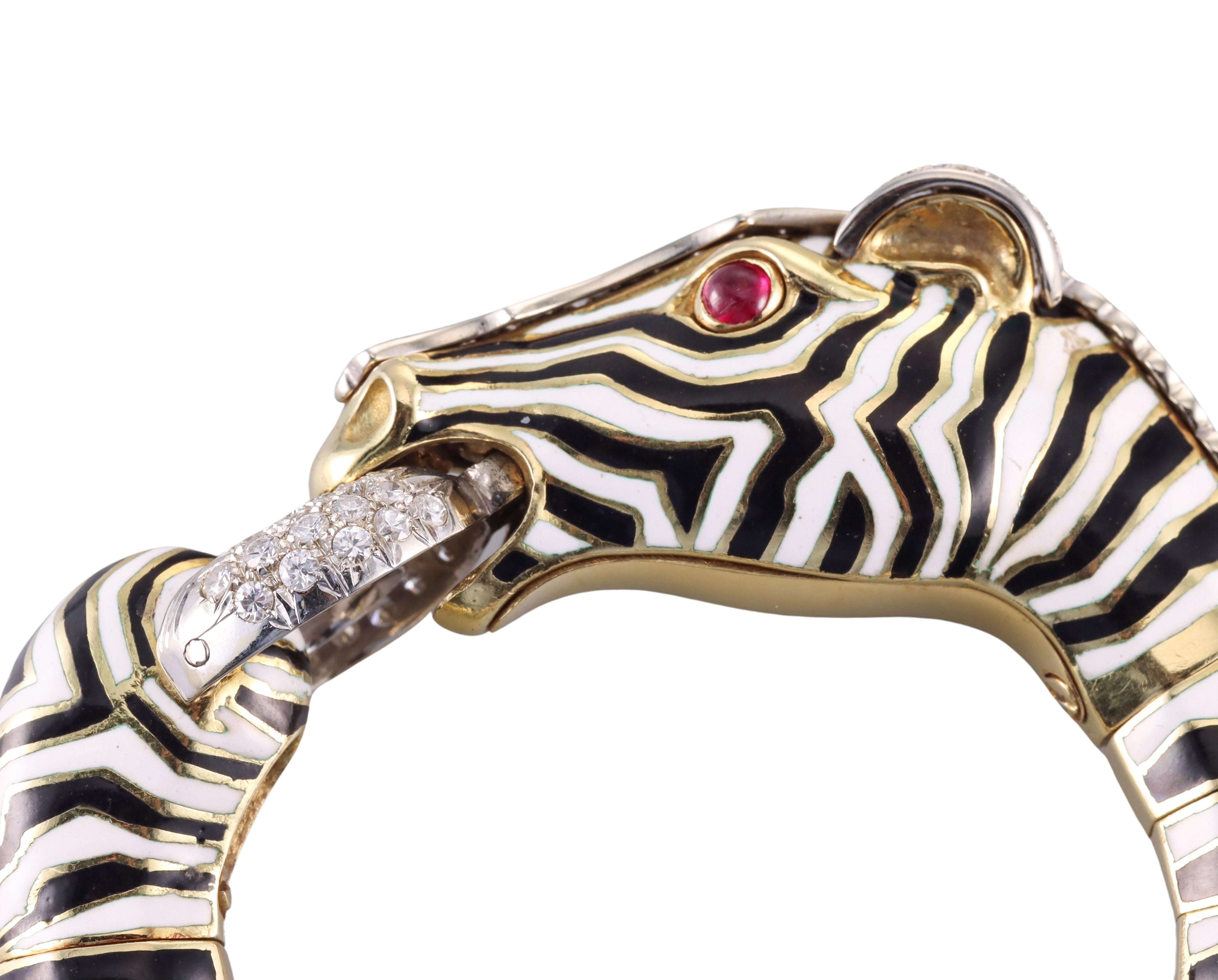 Beeindruckendes Frascarolo Zebra-Armband aus 18 Karat Gold, verziert mit Emaille, Rubin-Cabochon-Augen und ca. 1,30ctw H/VS-Diamanten. Das Armband passt an ein ca. 7