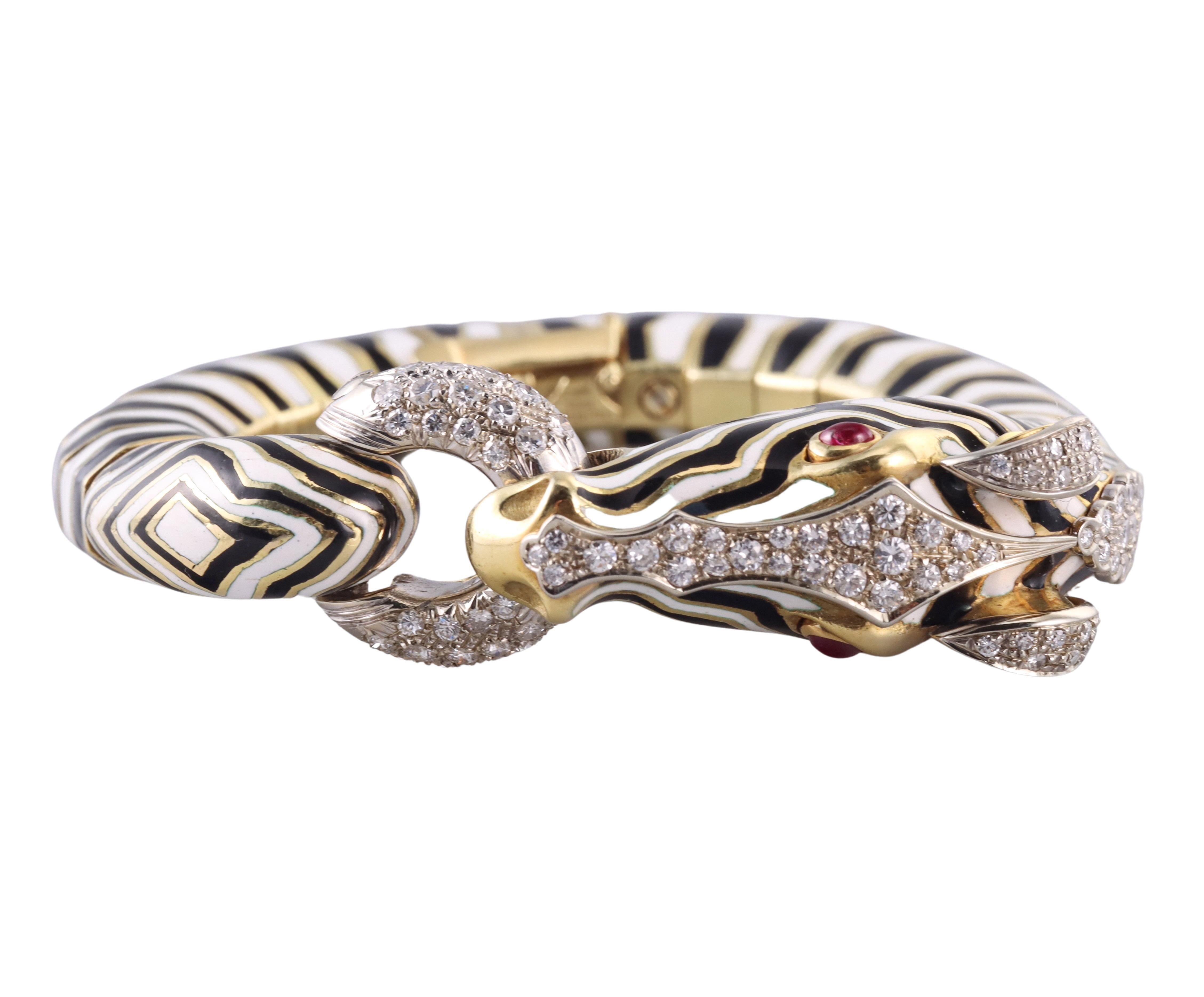 Round Cut Frascarolo Enamel Diamond Ruby Gold Zebra Bracelet For Sale