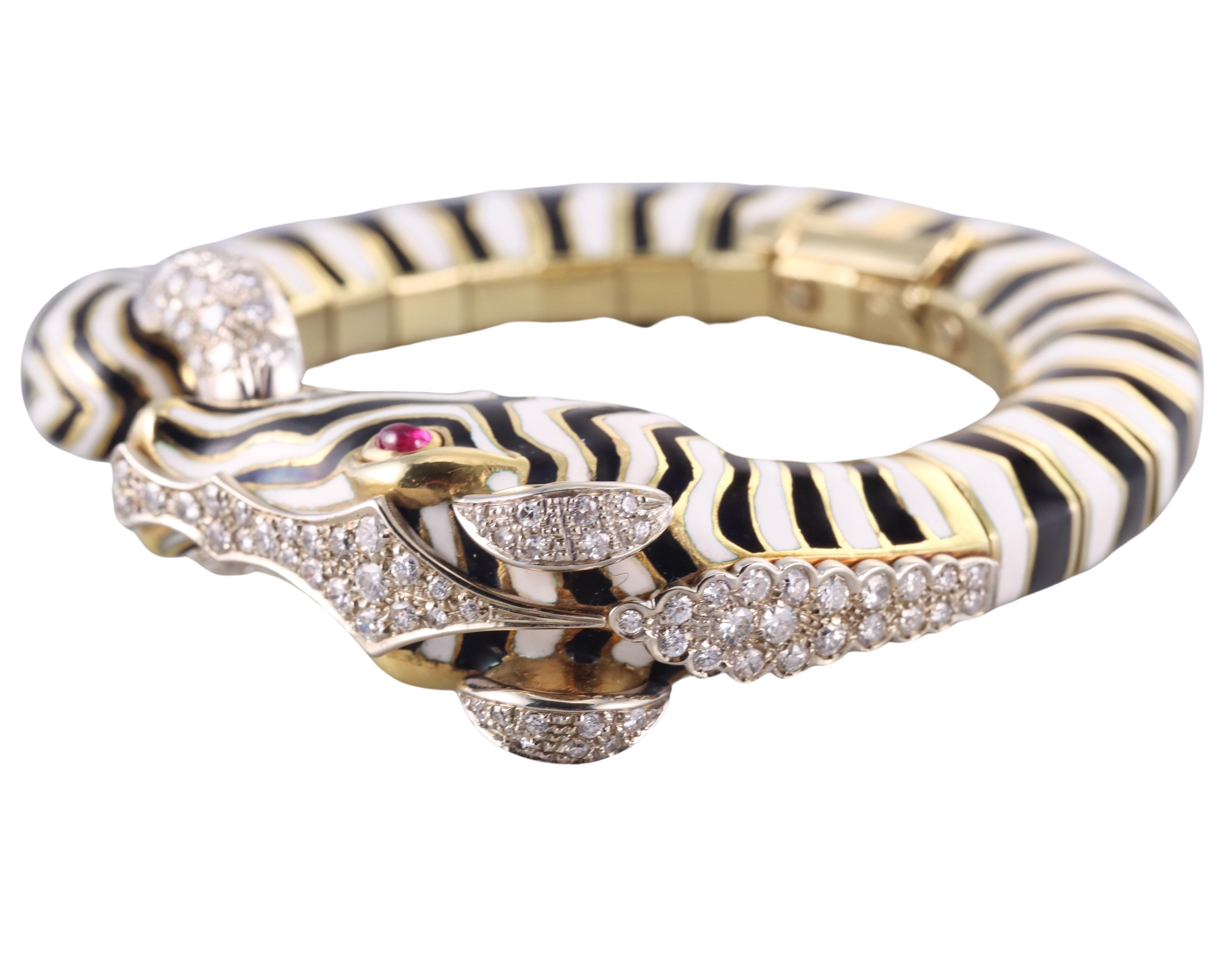 Frascarolo Enamel Diamond Ruby Gold Zebra Bracelet In Excellent Condition For Sale In New York, NY