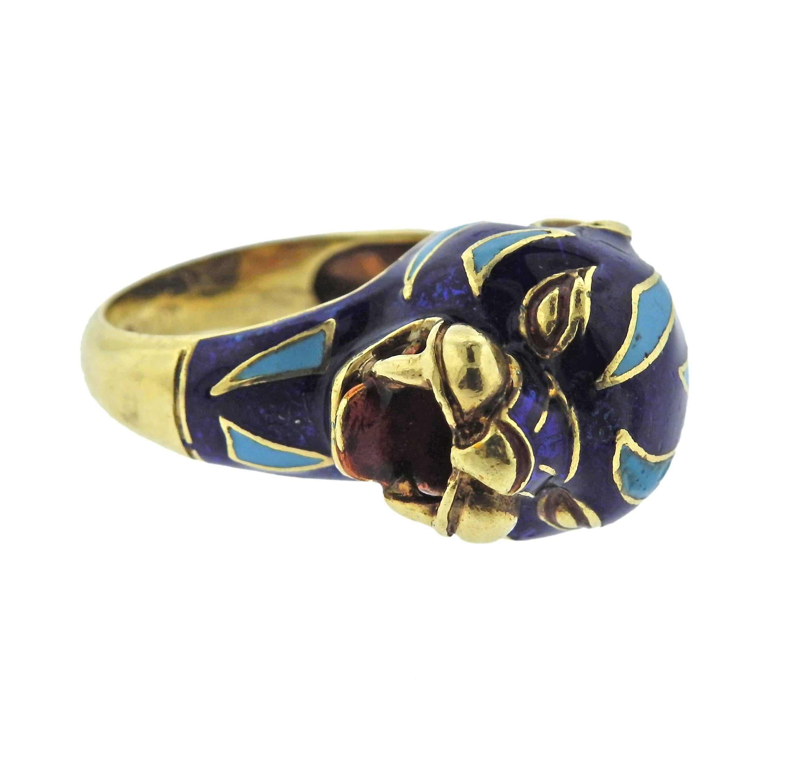  18k yellow gold enamel decorated ring, designed by Frascarolo. Ring size - 6, ring top - 16mm x 21mm x 15mm, weighs 14.1 grams. Marked: Modele Depose 7560, Maker's mark.