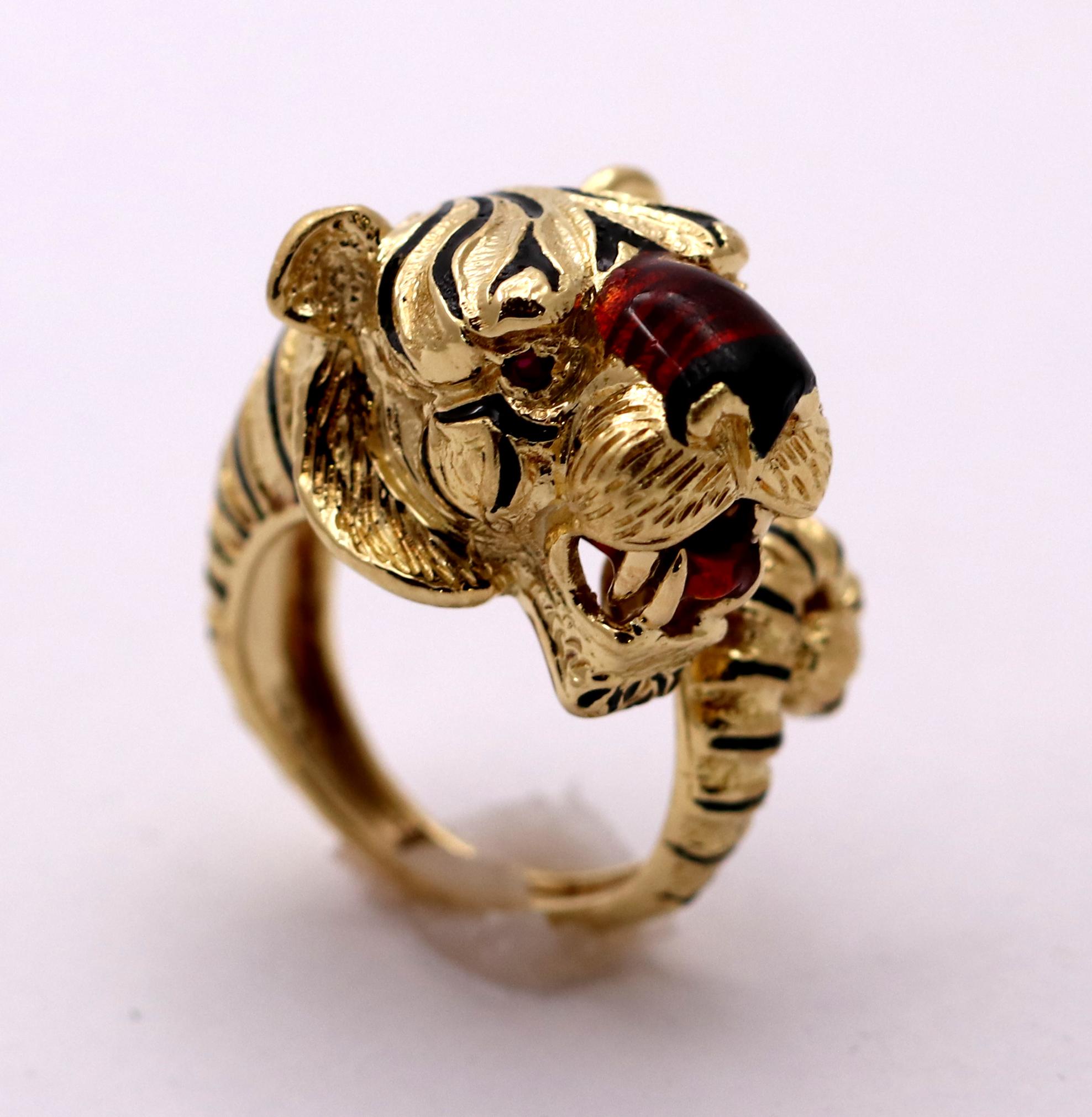 Women's Frascarolo Gold and Enamel Tiger Ring with Ruby Eyes