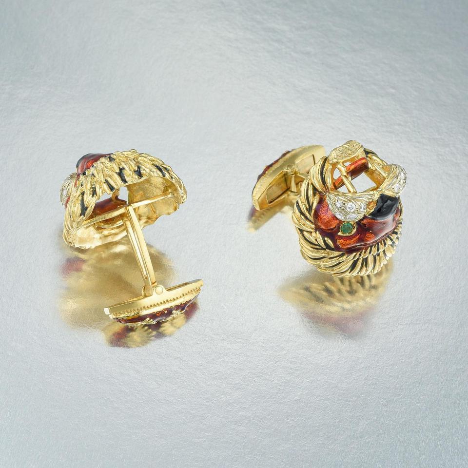 Modern Frascarolo Gold and Red Enamel Diamond Lion Cufflinks