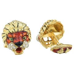 Vintage Frascarolo Gold and Red Enamel Diamond Lion Cufflinks