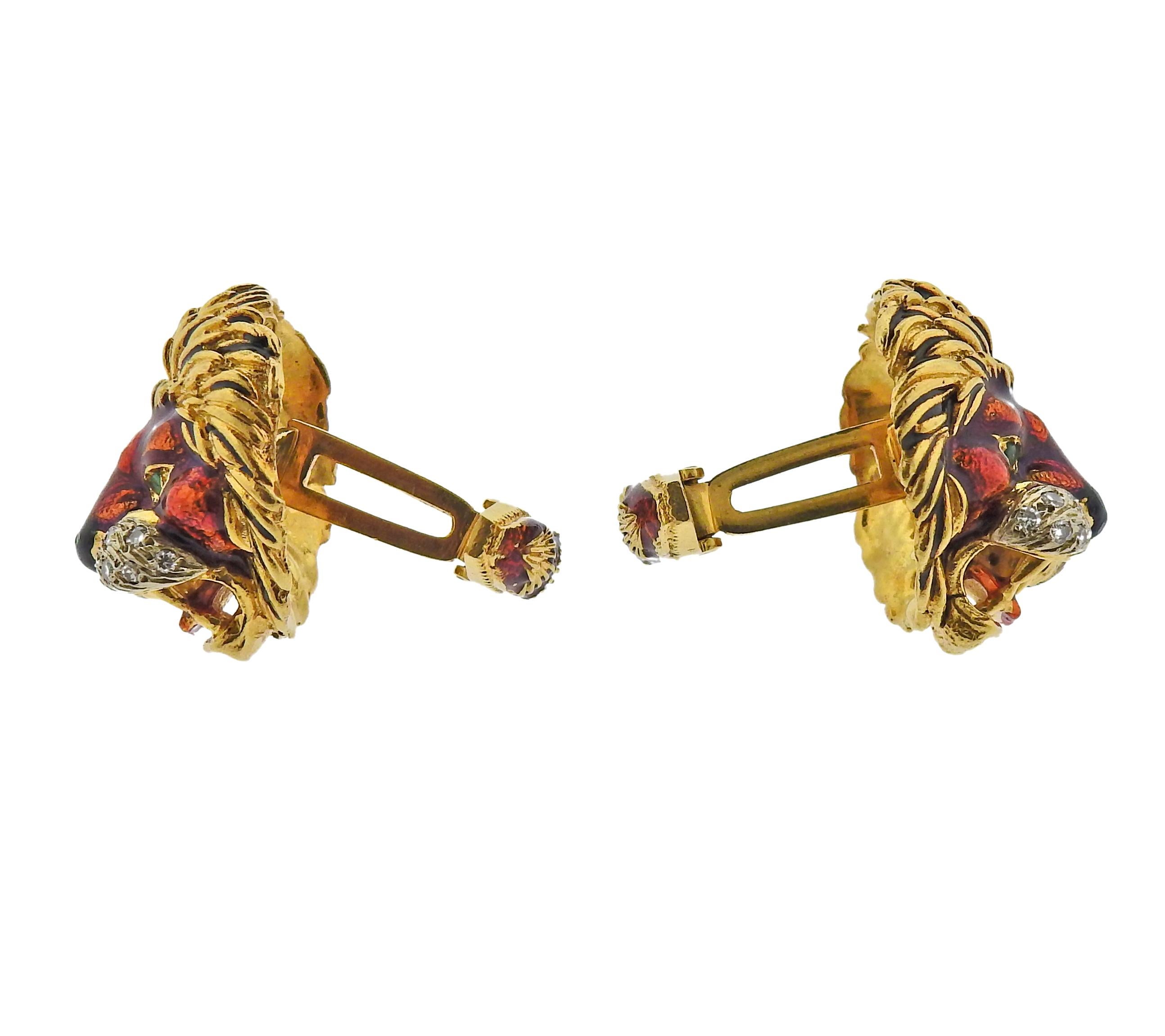 Pair of 18k gold large cufflinks by Frascarolo, with enamel and approx. 0.60ctw in H/VS diamonds, depicting lion heads.  Cufflink top is 25mm x 22mm. Marked: modele depose, FC mark. Weight - 38.6 grams.