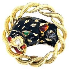 Frascarolo Italy Diamond Emerald Enamel Gold Panther Brooch