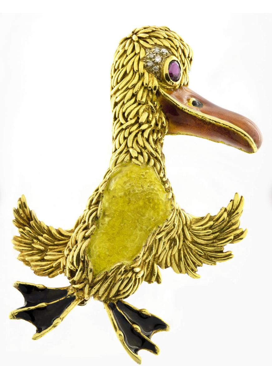 Contemporary Frascarolo Italy Diamond Ruby Enamel Gold Duck Brooch