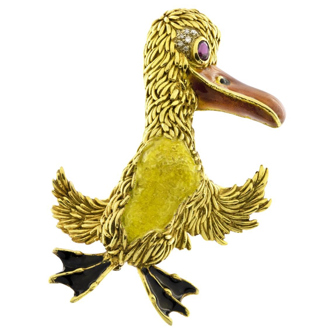 Frascarolo Italy Diamond Ruby Enamel Gold Duck Brooch