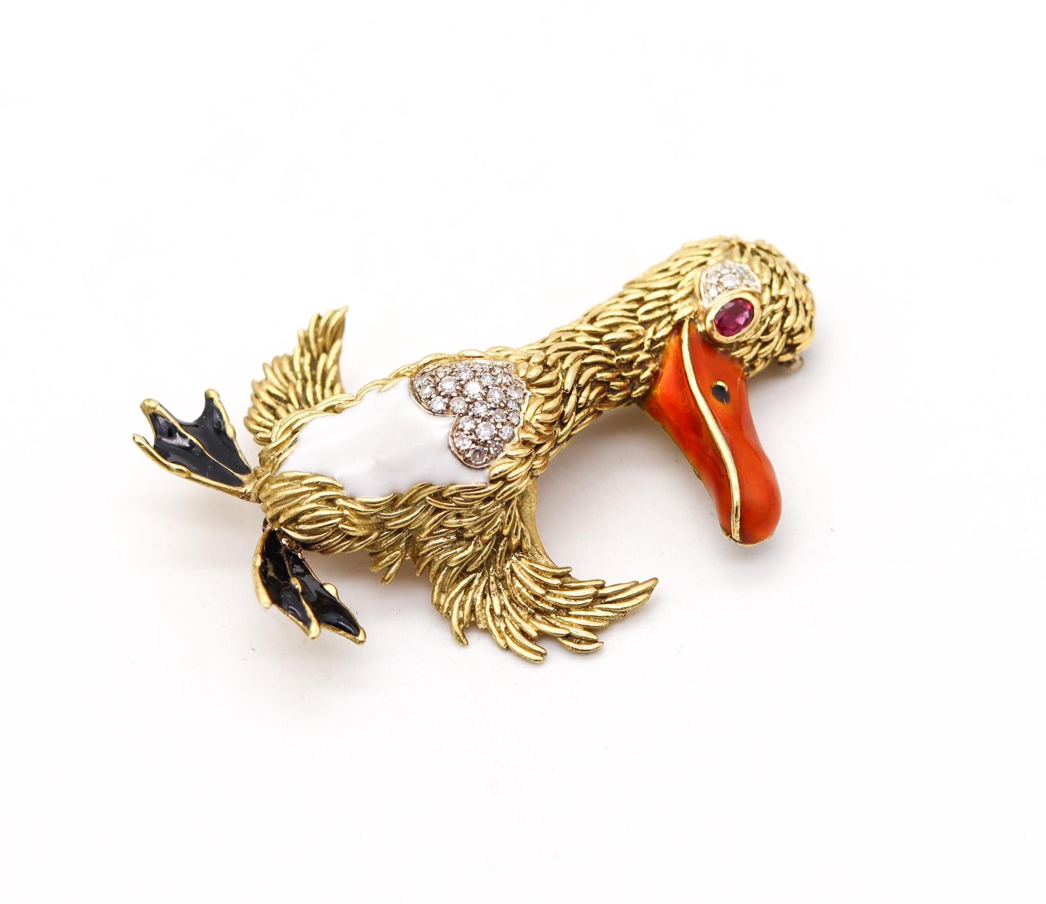 Pelican brooch designed by Frascarolo.

A beautiful brooch, created in Milano Italy by the famed Italian jeweler and designer Pierino Frascarolo. This impressive piece is highly sculpted and was from his bestiary collection designed during the