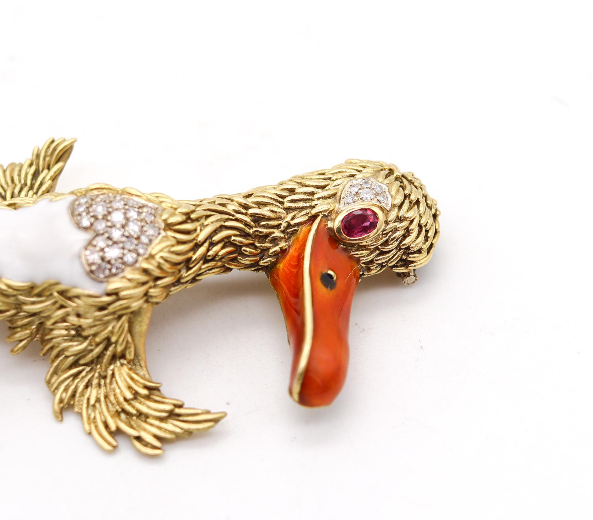 Modernist Frascarolo Milano Enameled Pelican Brooch 18Kt Yellow Gold With Diamonds & Ruby
