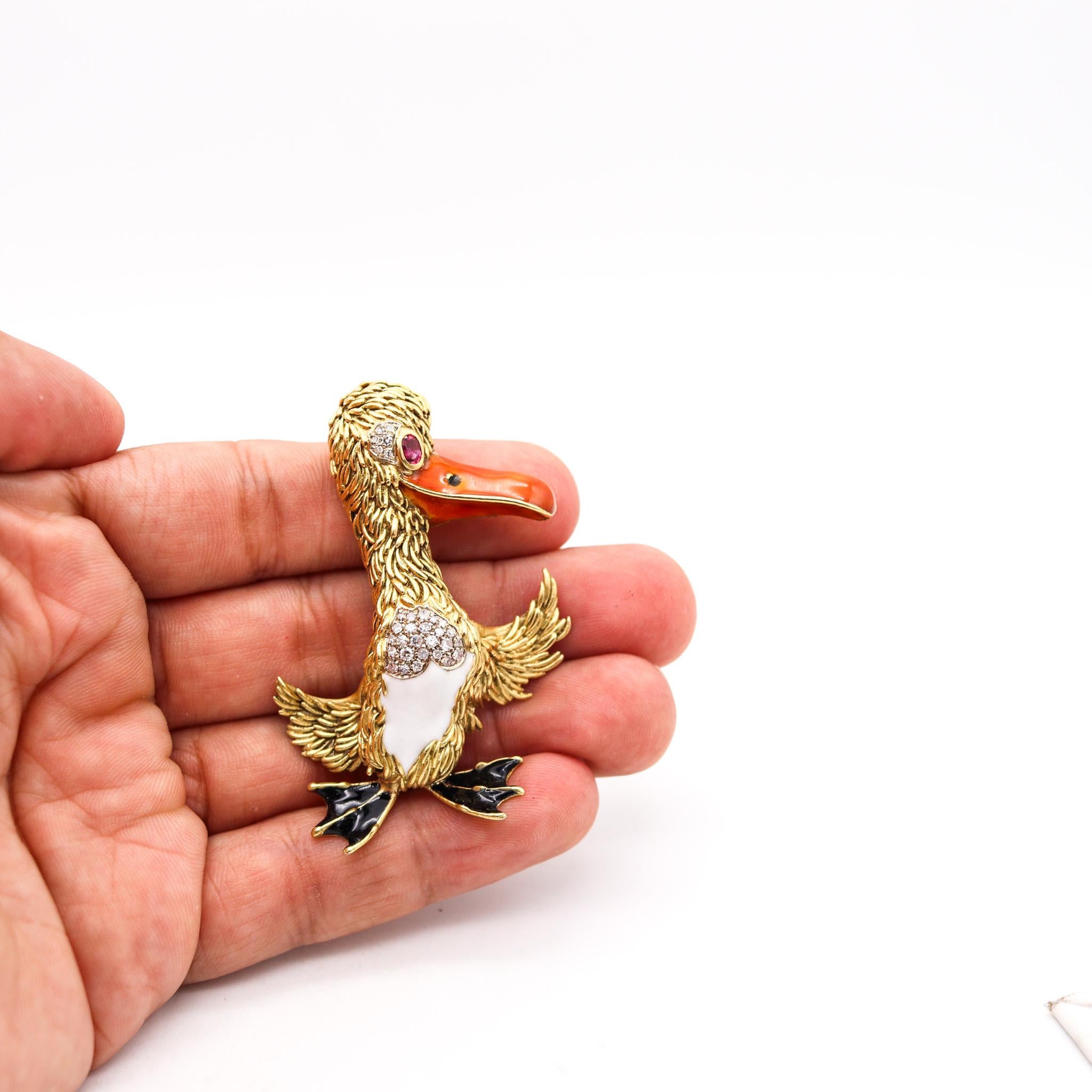 Women's or Men's Frascarolo Milano Enameled Pelican Brooch 18Kt Yellow Gold With Diamonds & Ruby