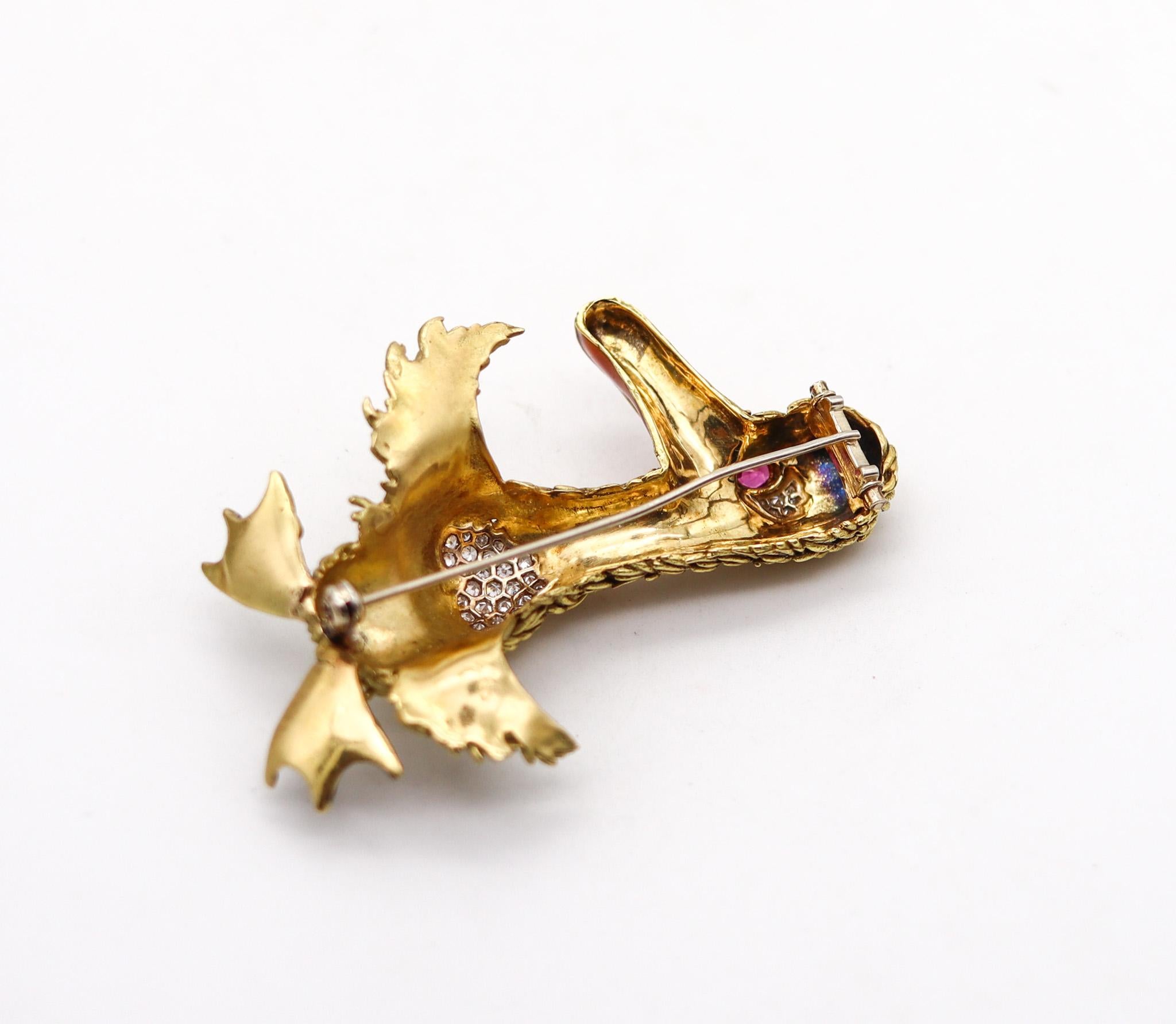 Frascarolo Milano Enameled Pelican Brooch 18Kt Yellow Gold With Diamonds & Ruby 1