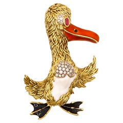Frascarolo Milano Enameled Pelican Brooch 18Kt Yellow Gold With Diamonds & Ruby