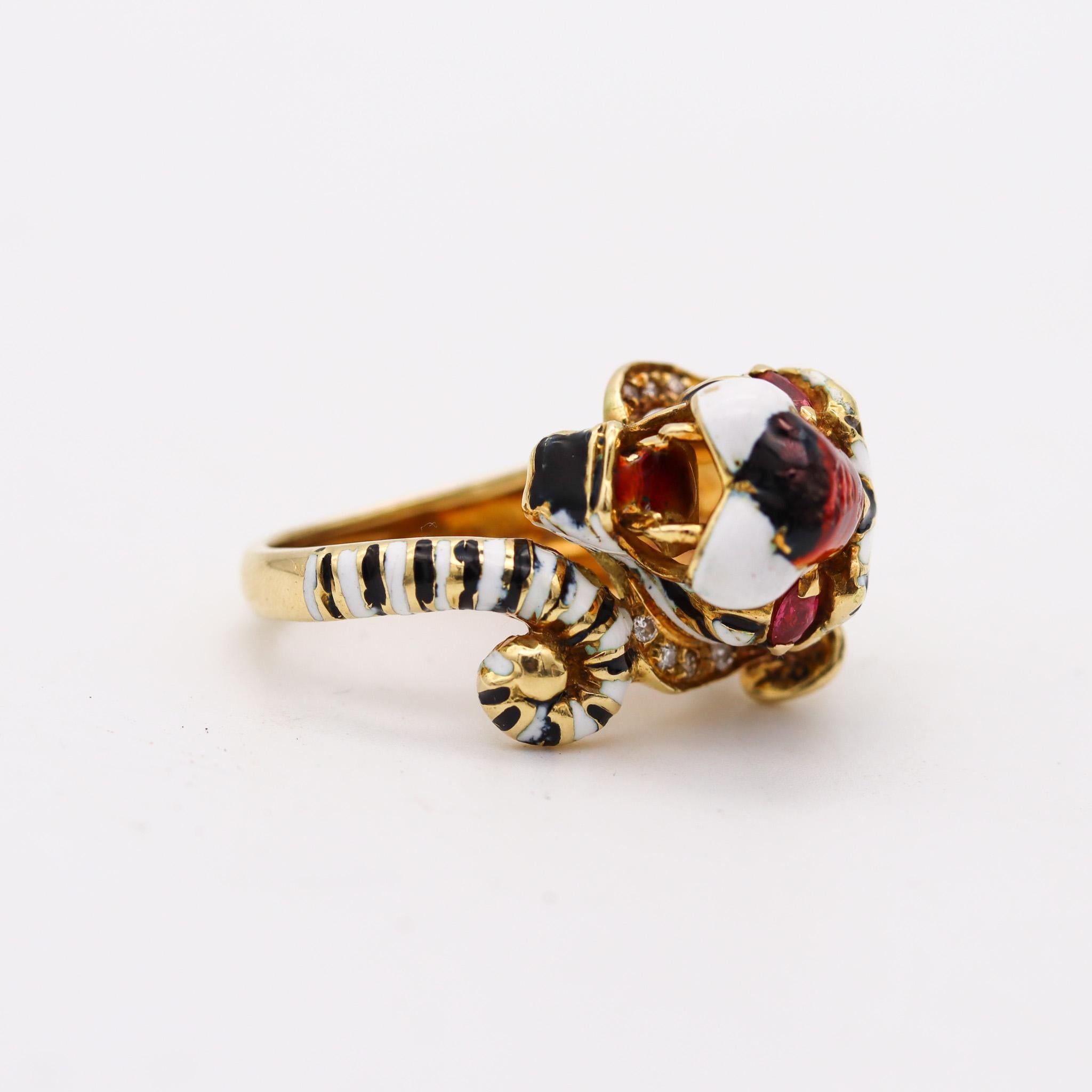 Retro Frascarolo Milano Enameled Tiger Cocktail Ring in 18Kt Gold Diamonds And Rubies For Sale