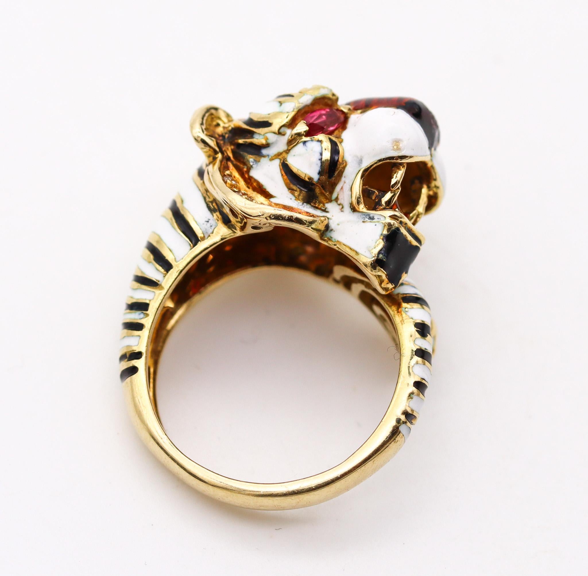 Old European Cut Frascarolo Milano Enameled Tiger Cocktail Ring in 18Kt Gold Diamonds And Rubies For Sale