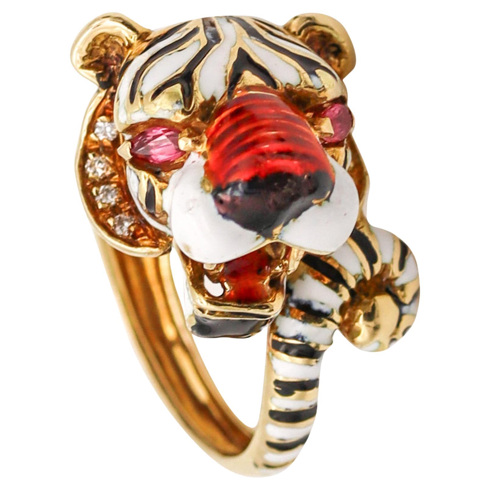 Frascarolo Milano Enameled Tiger Cocktail Ring in 18Kt Gold Diamonds And Rubies