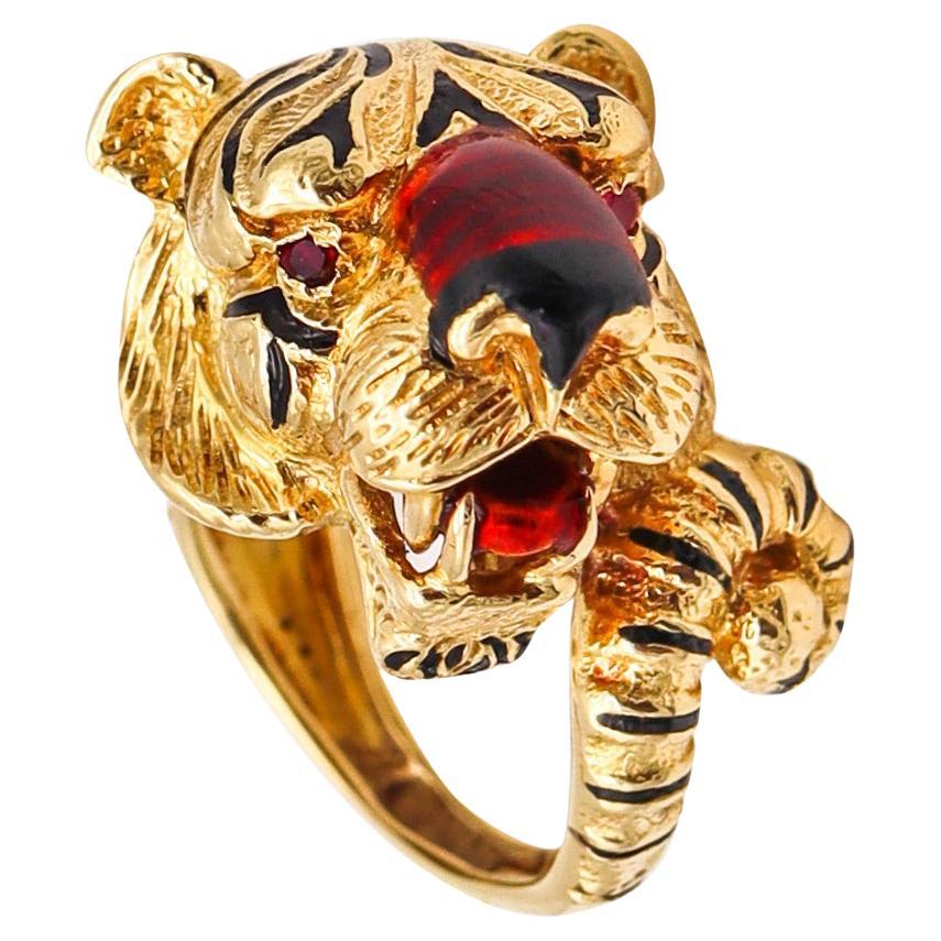 Frascarolo Milano Enameled Tiger Cocktail Ring in 18Kt Yellow Gold with 2 Rubies For Sale