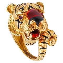 Frascarolo Milano Enameled Tiger Cocktail Ring in 18Kt Yellow Gold with 2 Rubies