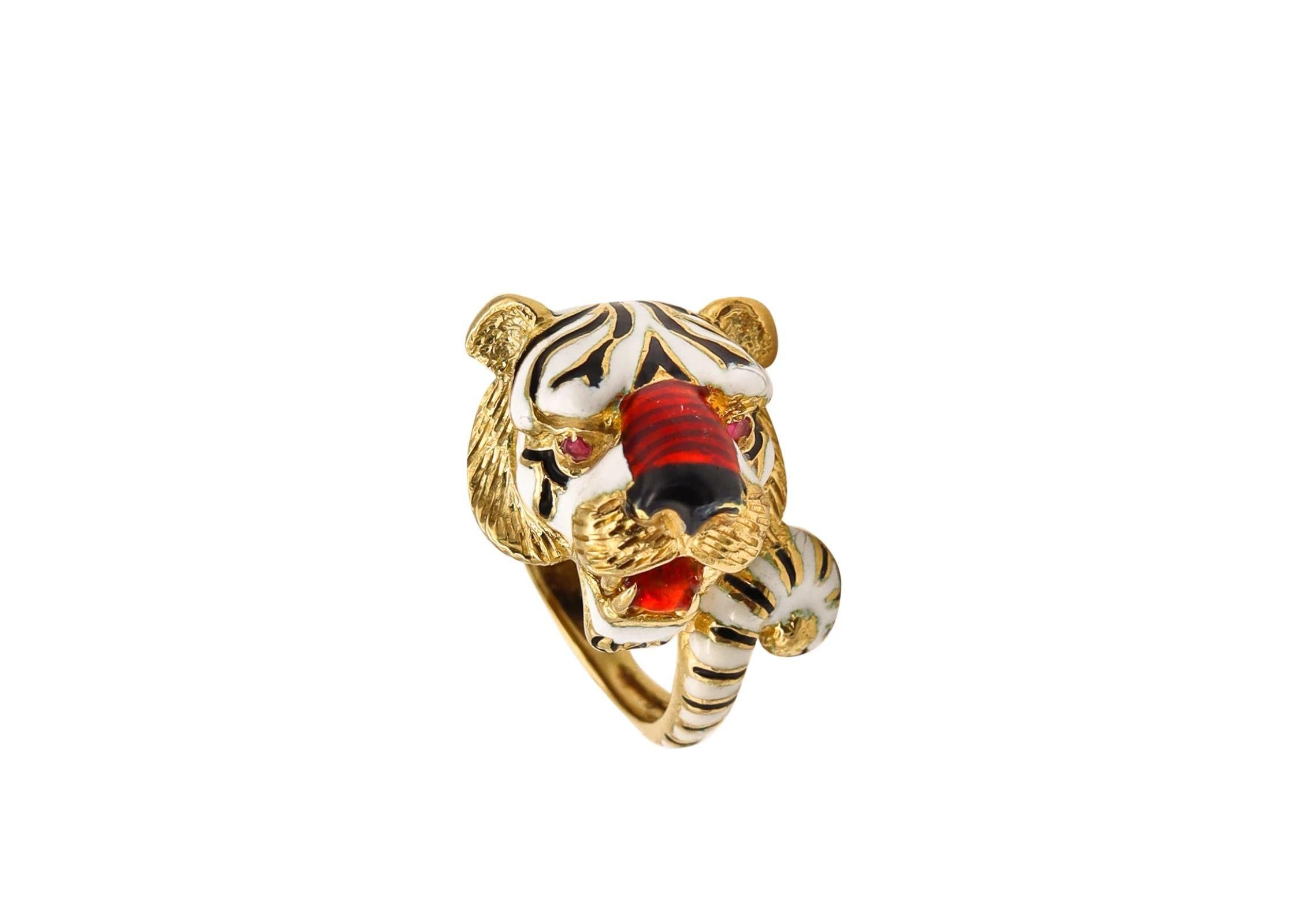Frascarolo Milano Enameled Tiger Cocktail Ring in 18Kt Yellow Gold with Rubies 3