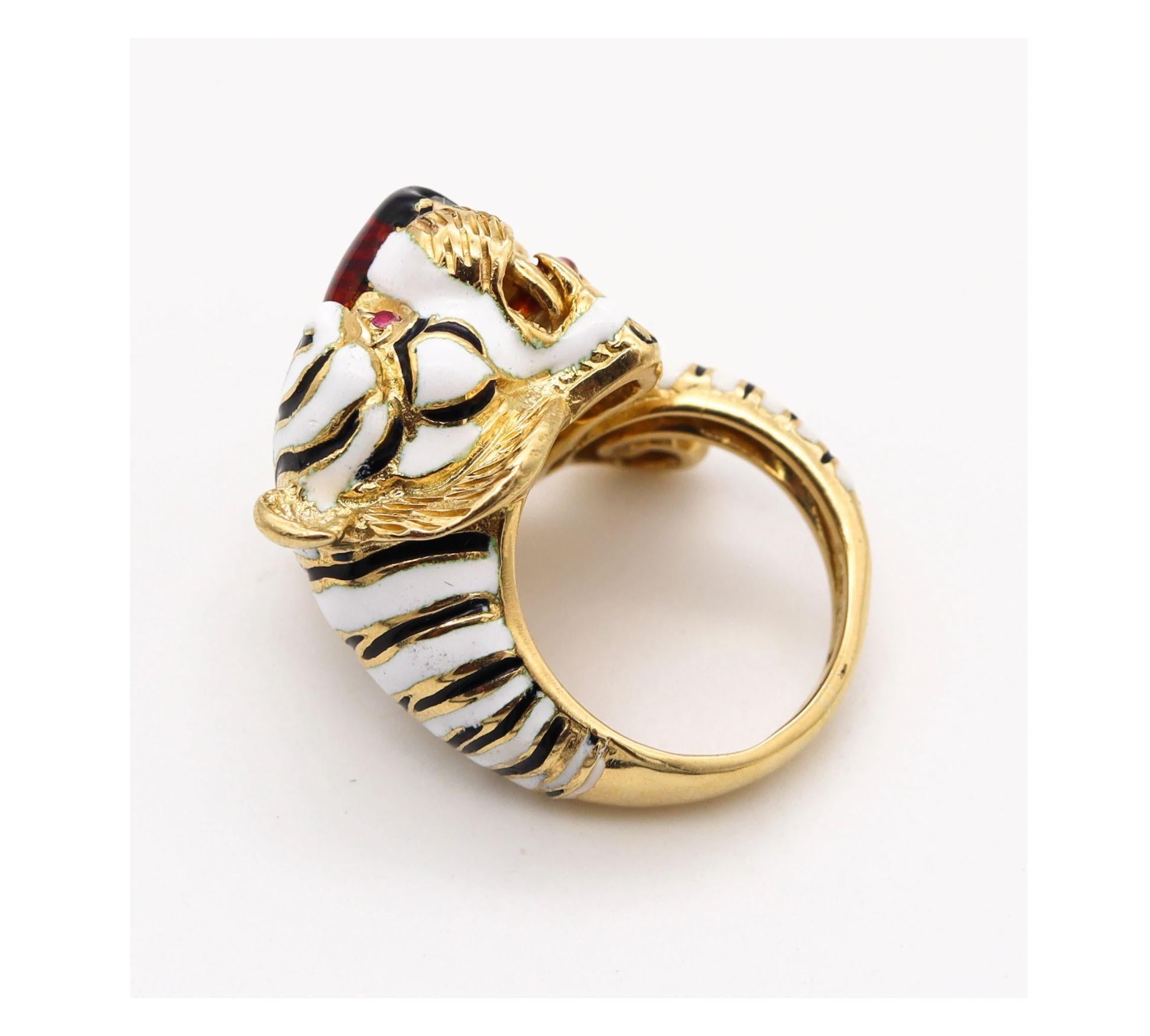 Cabochon Frascarolo Milano Enameled Tiger Cocktail Ring in 18Kt Yellow Gold with Rubies
