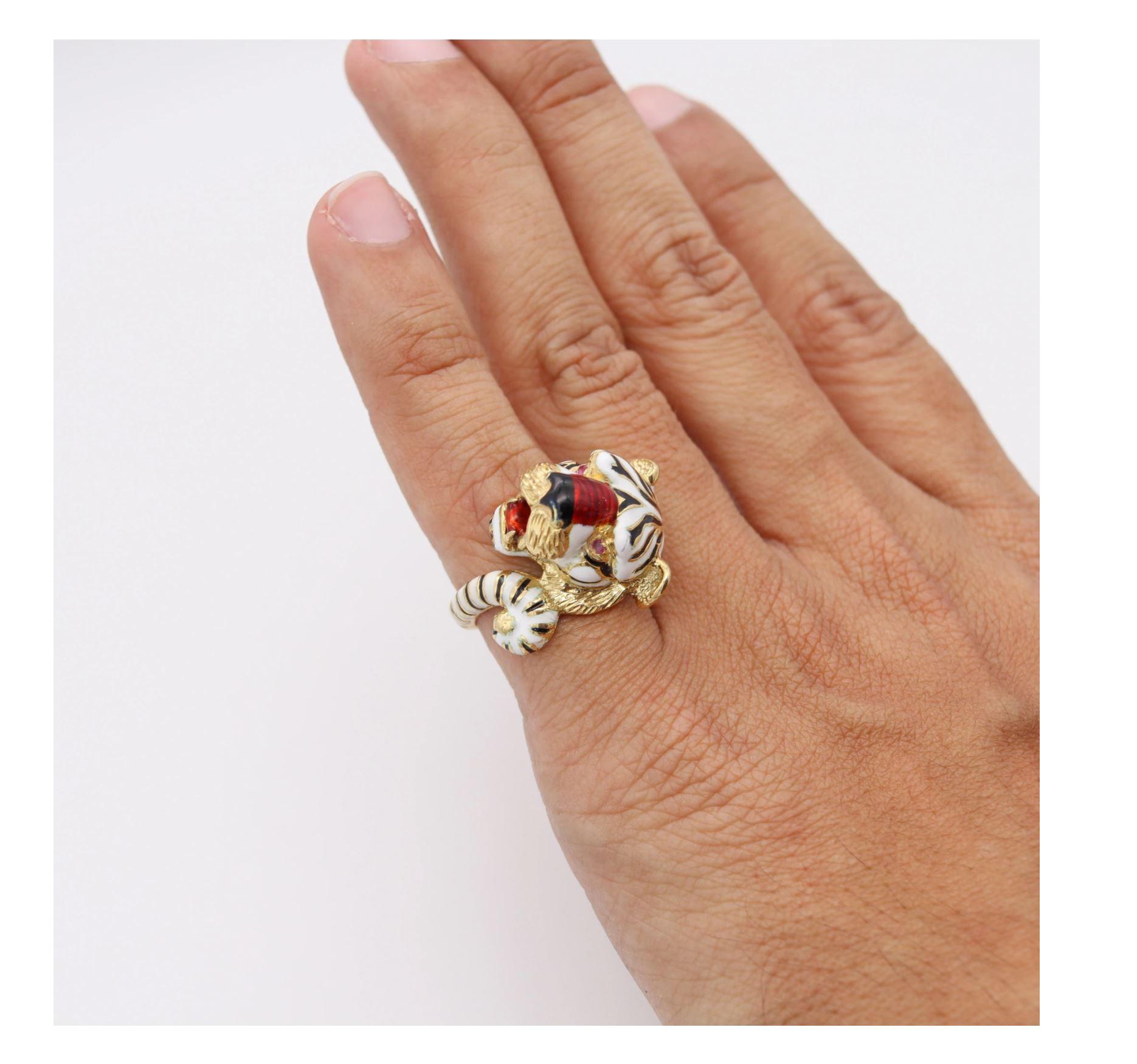Women's Frascarolo Milano Enameled Tiger Cocktail Ring in 18Kt Yellow Gold with Rubies